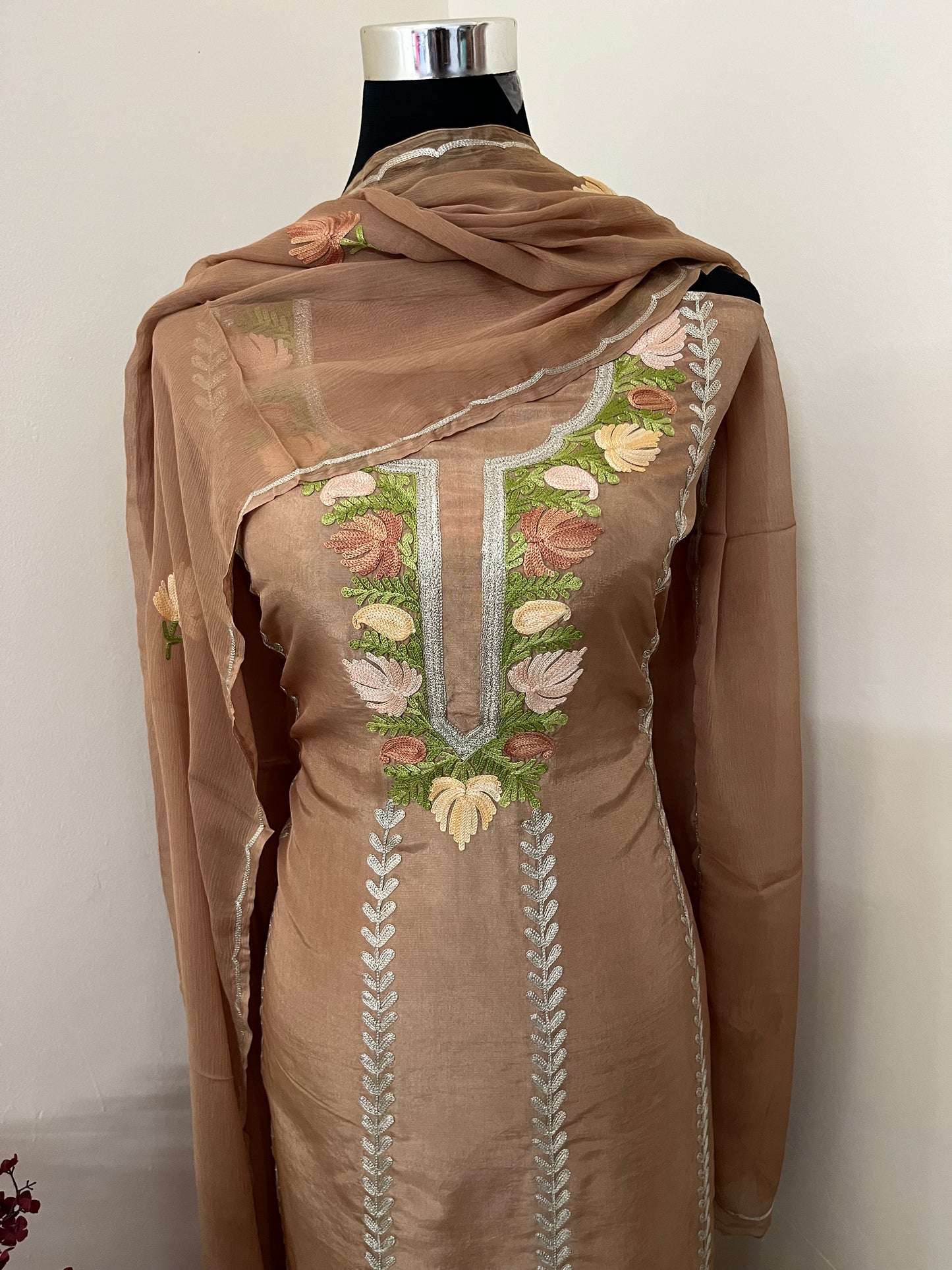 Sanam’ Coffee Brown Silk Aari Embroidered Suit material