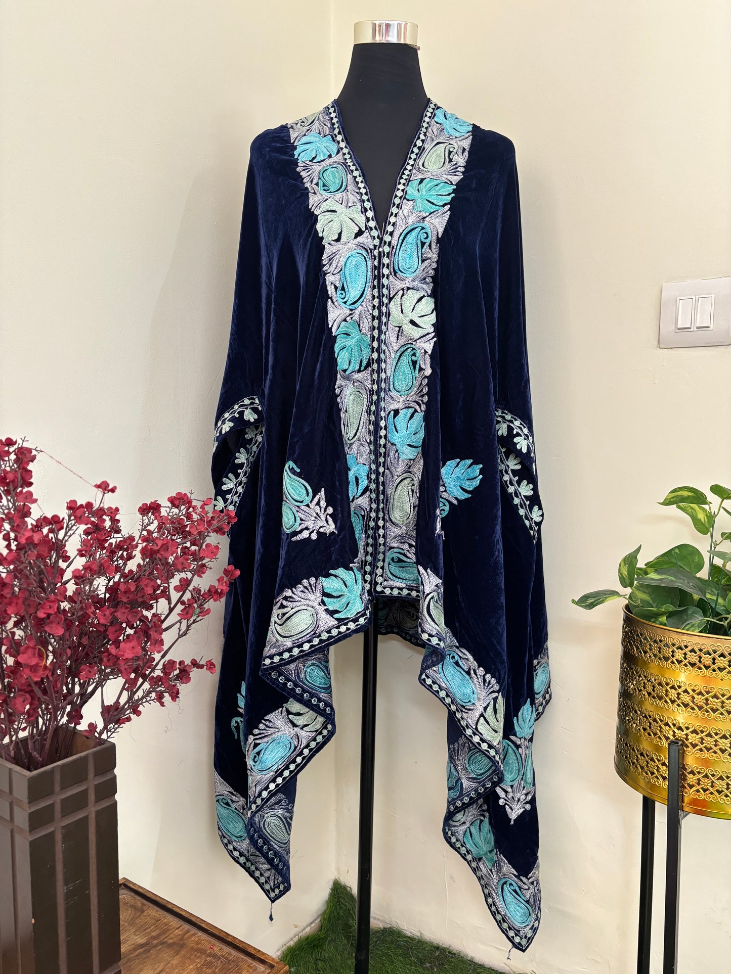 Blue Aari Embroidered Velvet Cape