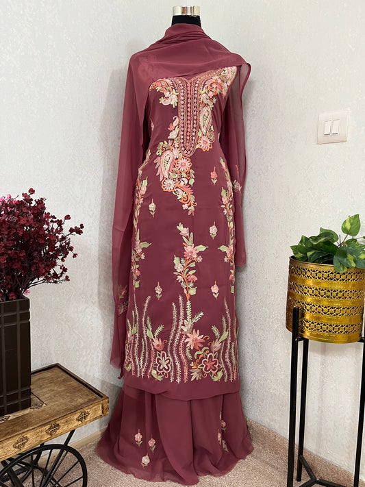 Onion Pink Georgette 3 Pc Kashmiri Suit