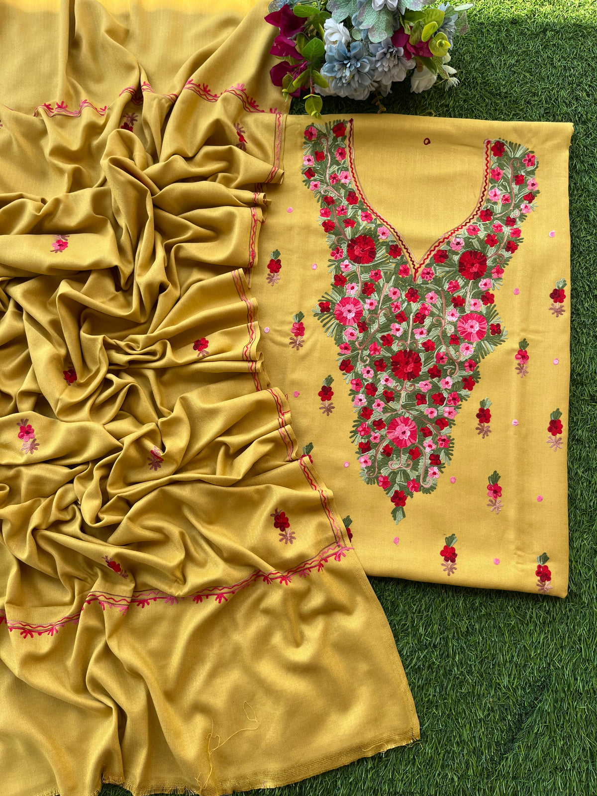 Yellow Woollen Aari Embroidered 3pc suit