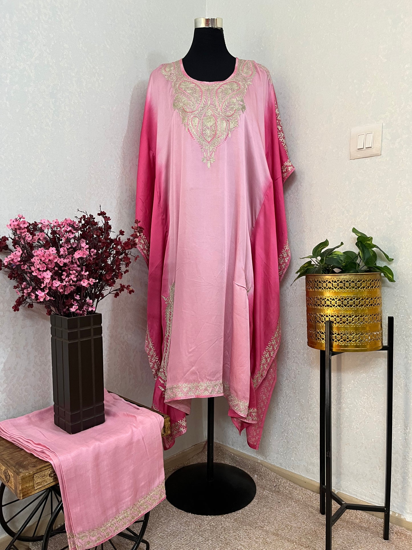 Pink Pure Crape Kashmiri Kaftan
