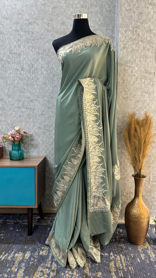 Pastel Green Crape Kashmiri Tilla Saree