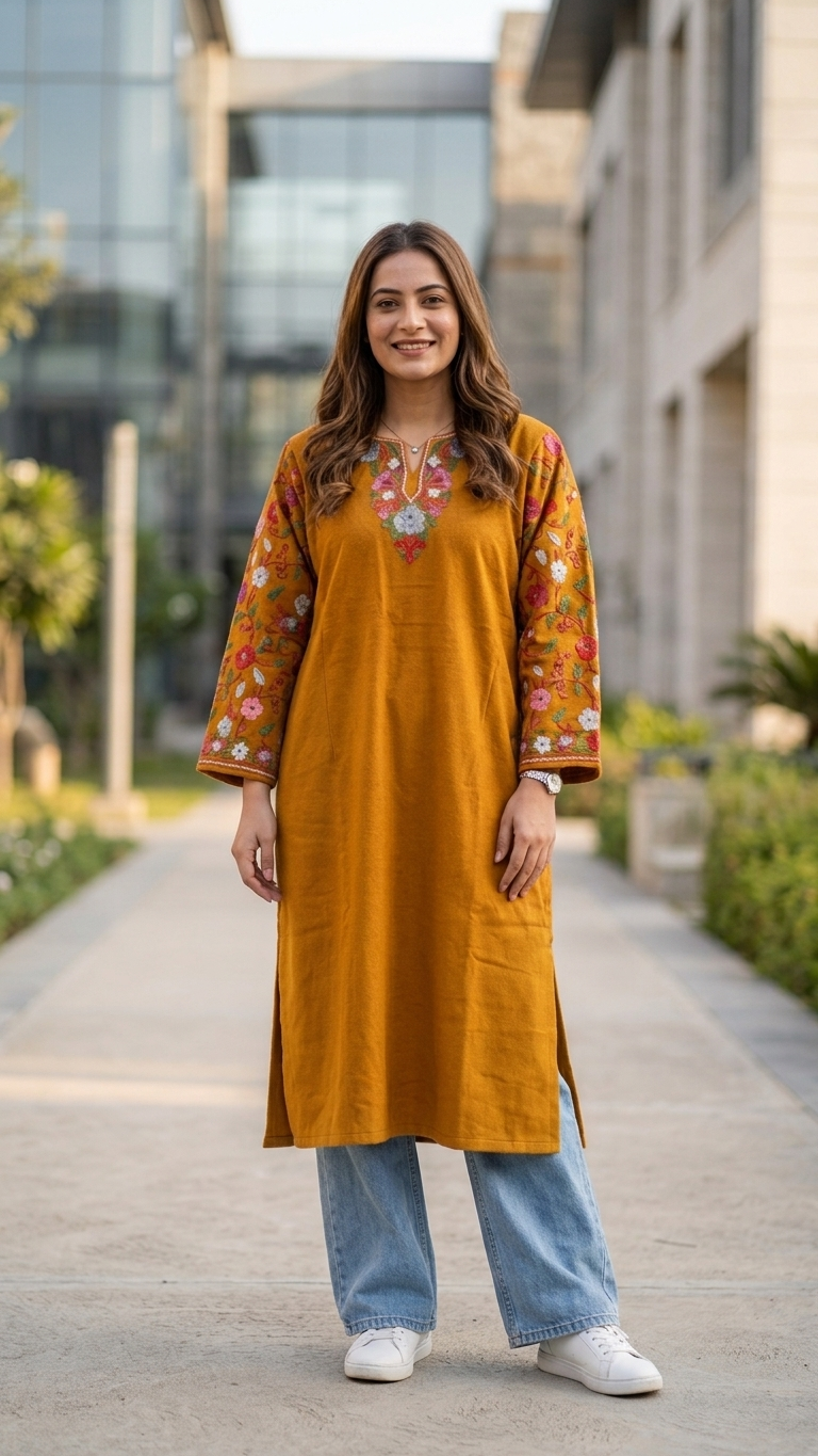 Mustard Aari Embroidered Wool Pheran