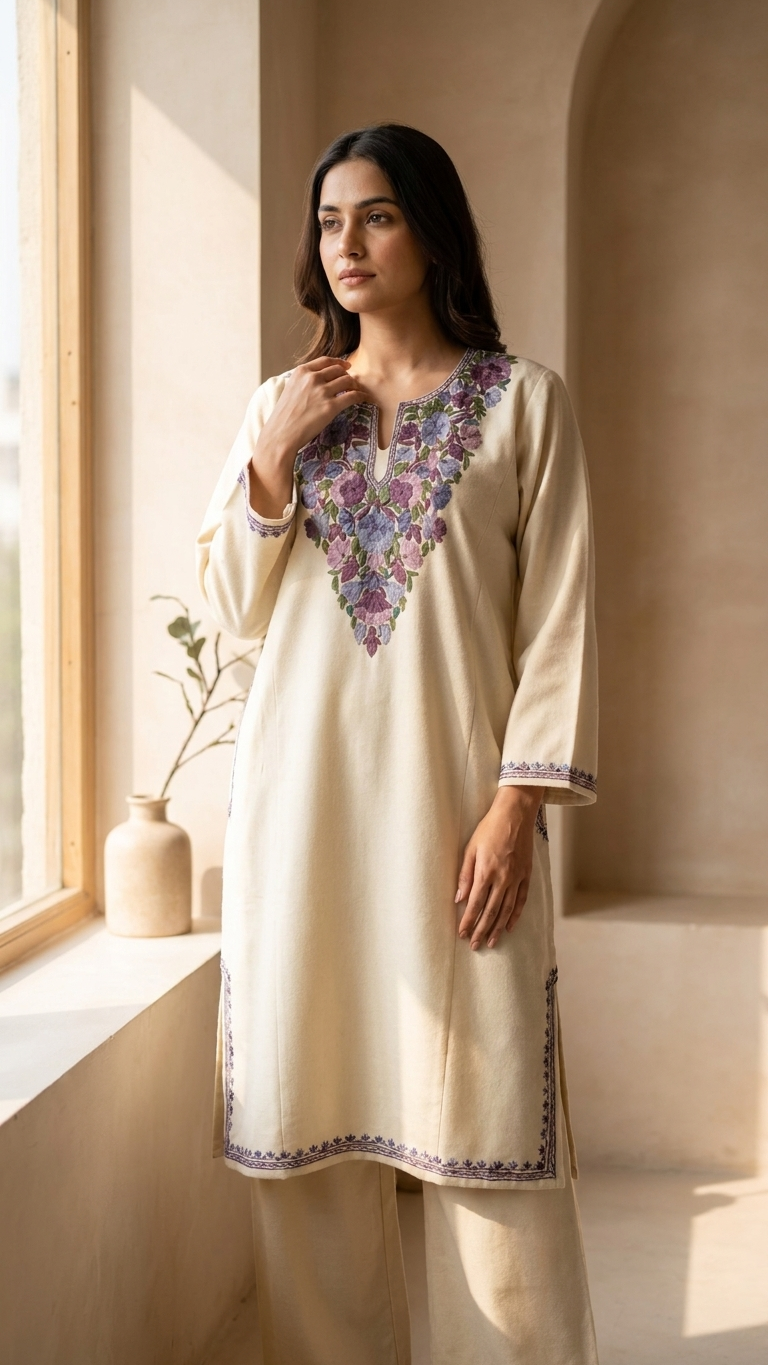 Off White Aari Embroidered Wool Pheran