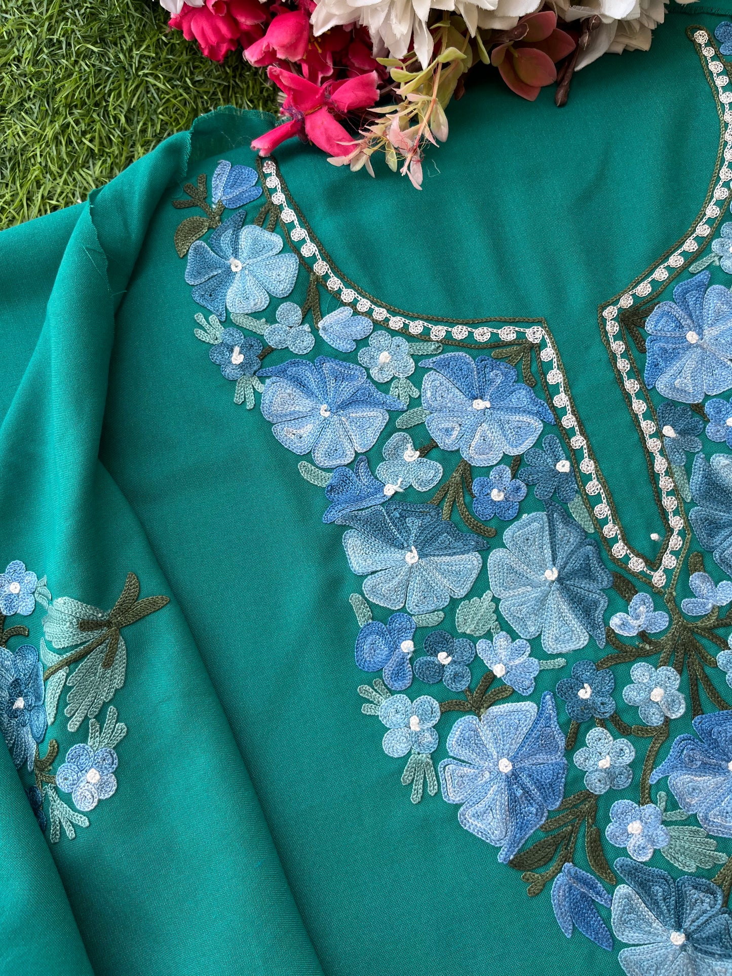 Green Aari Embroidered Cotton Suit Set