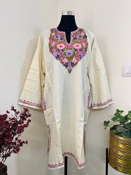 Cream Aari Embroidered Wool Pheran