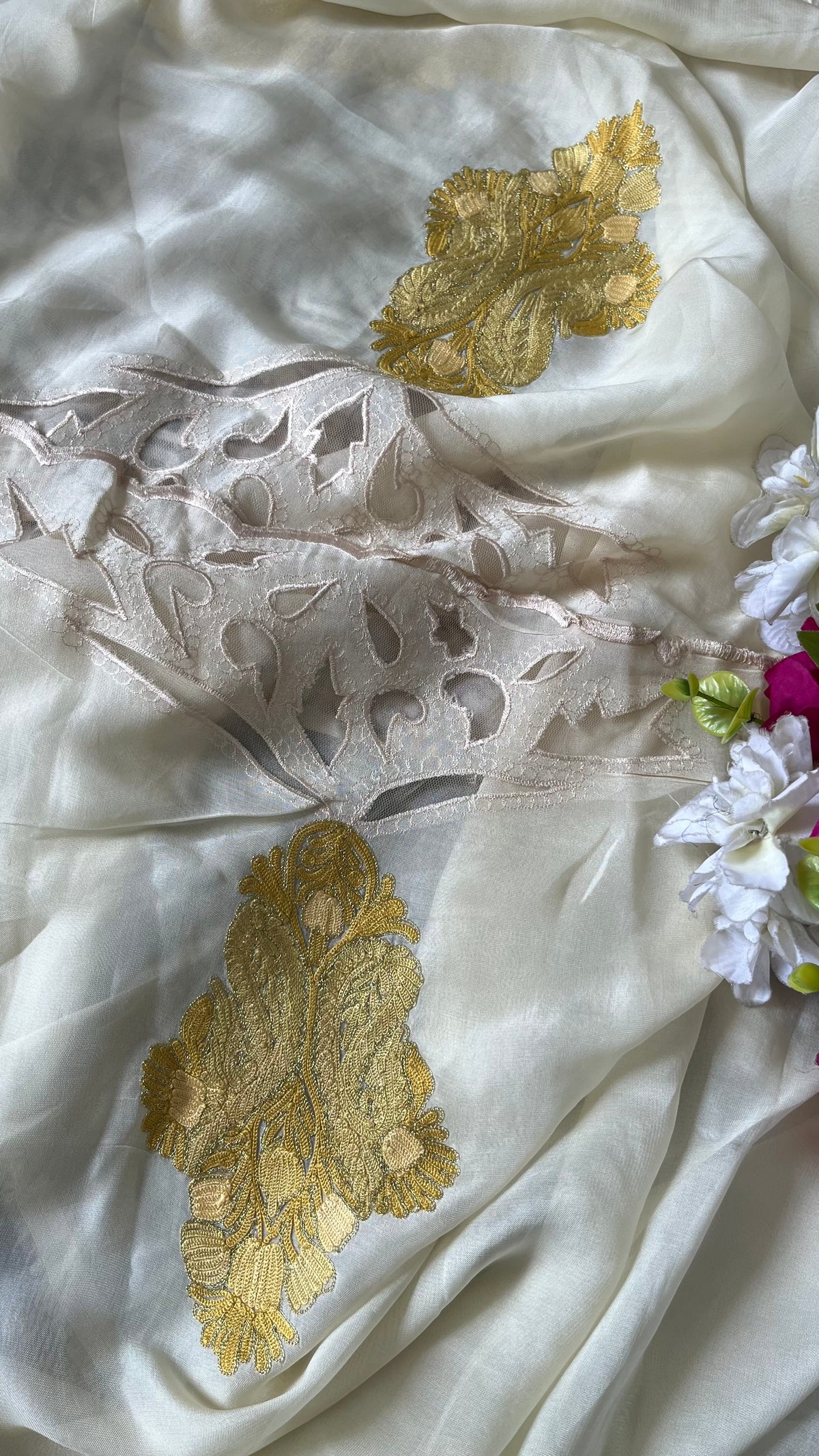 Ivory Pure Organza Cut Work Kashmiri Suit