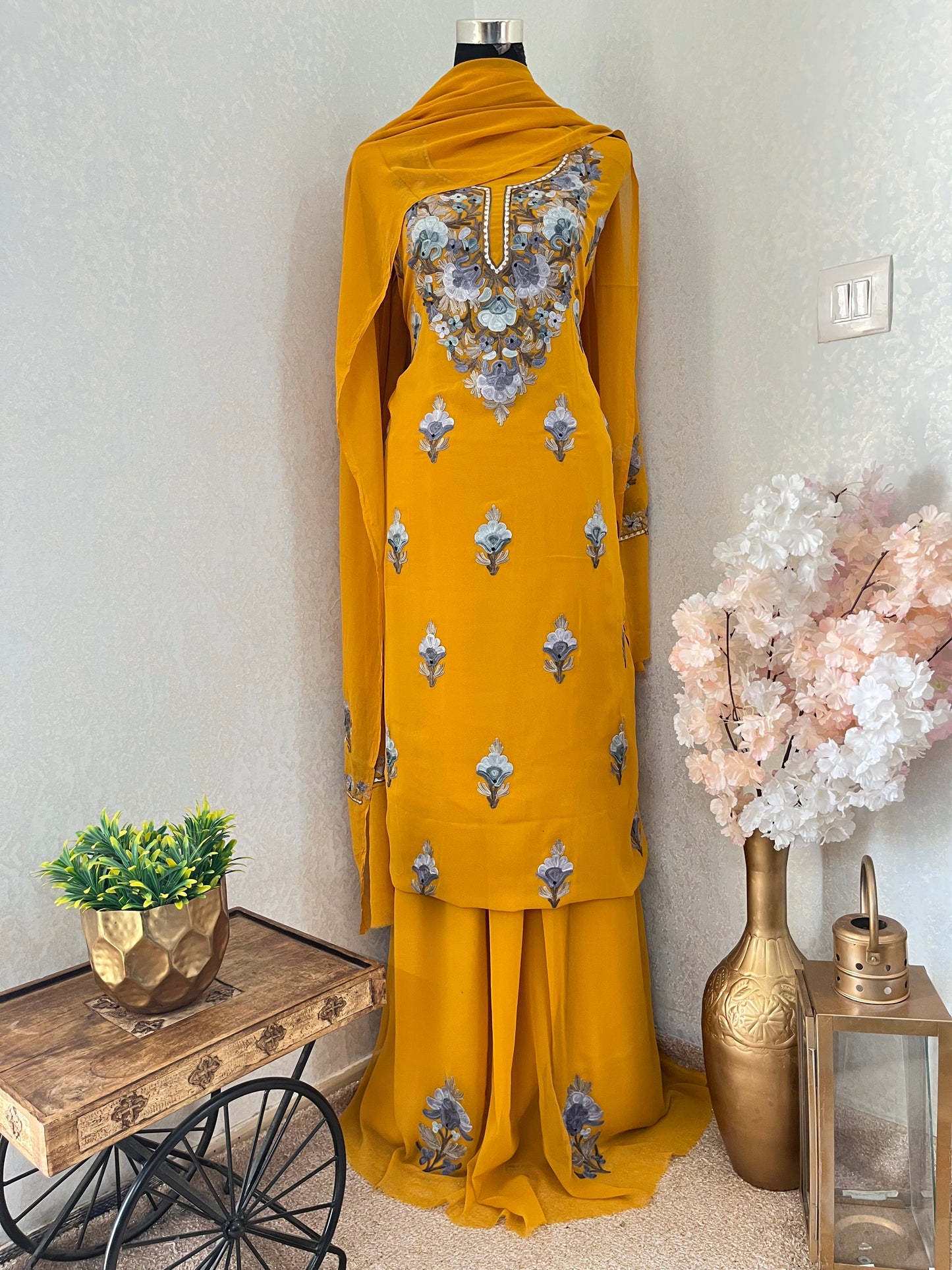 Mustard Yellow Georgette 3Pc Kashmiri Suit