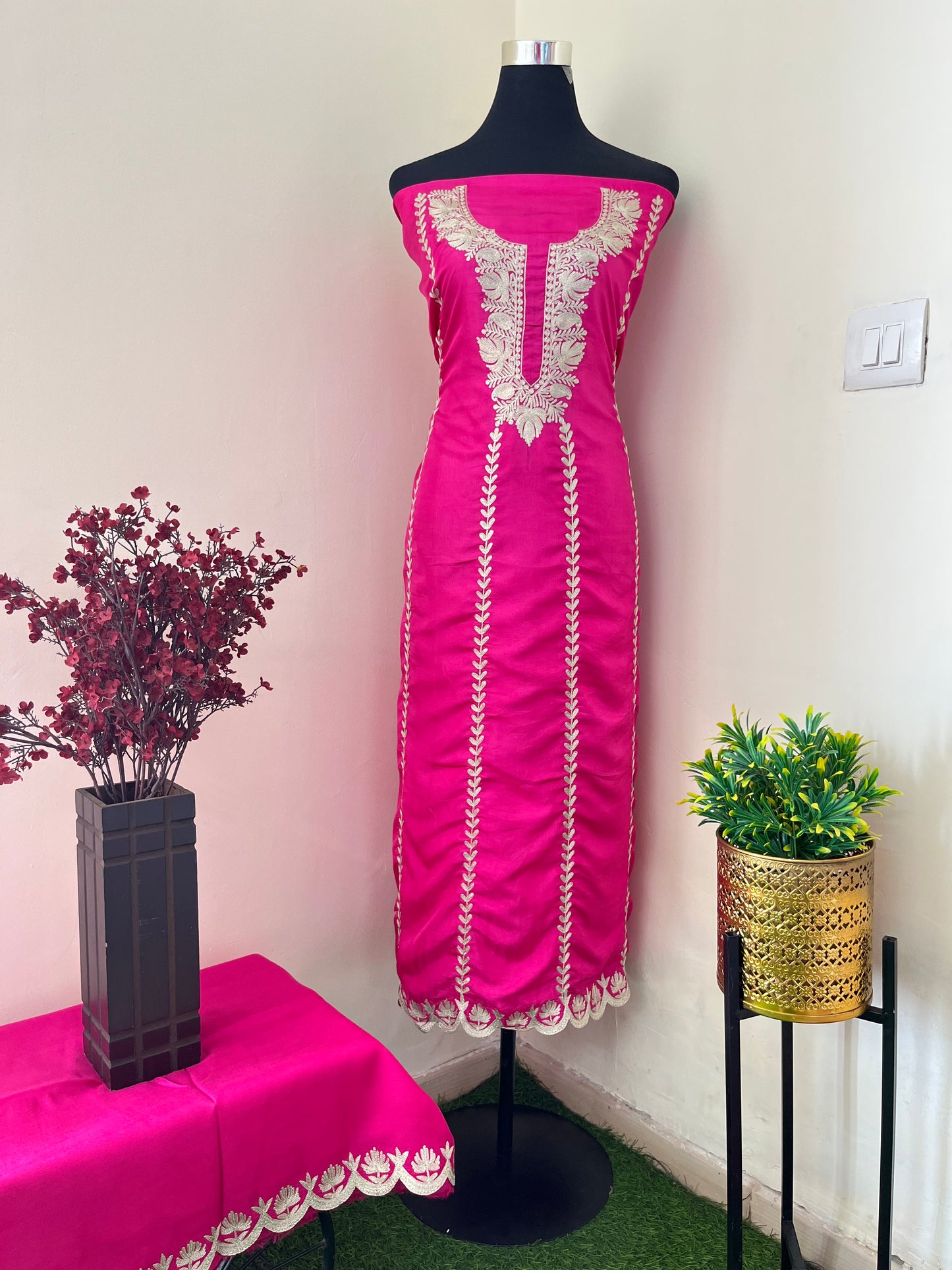 Sanam’ Hot Pink Silk Tilla Embroidered Suit material