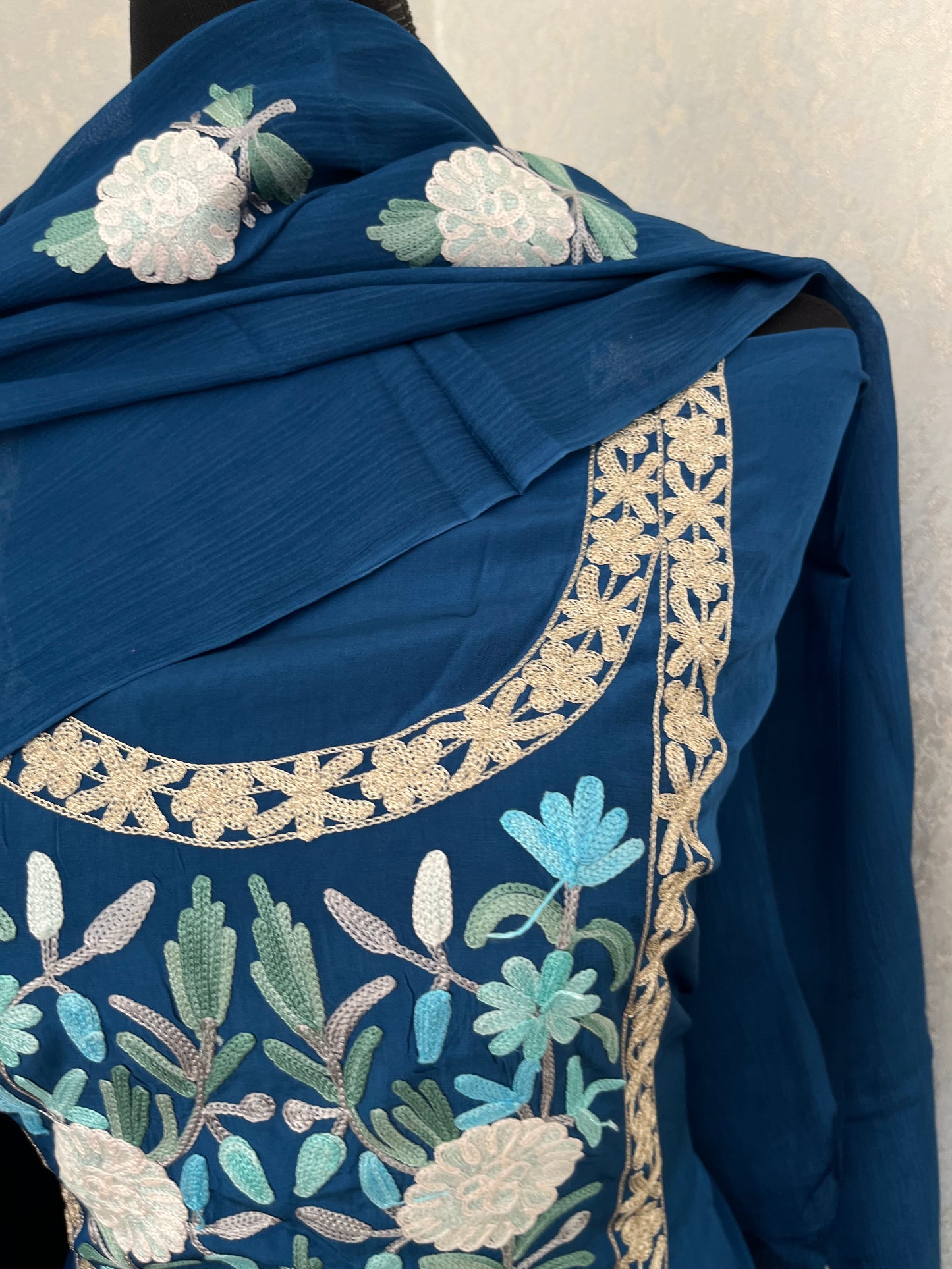 Cobalt Blue Kalaa’ Crape Kashmiri Suit