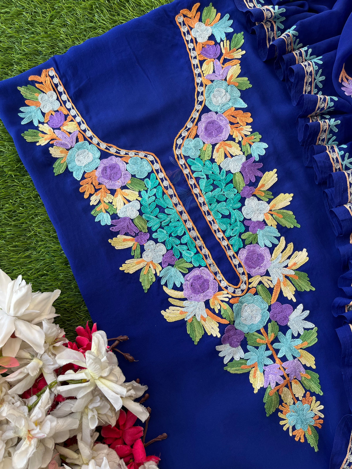 Georgette Electric Blue Aari Embroidered Suit set