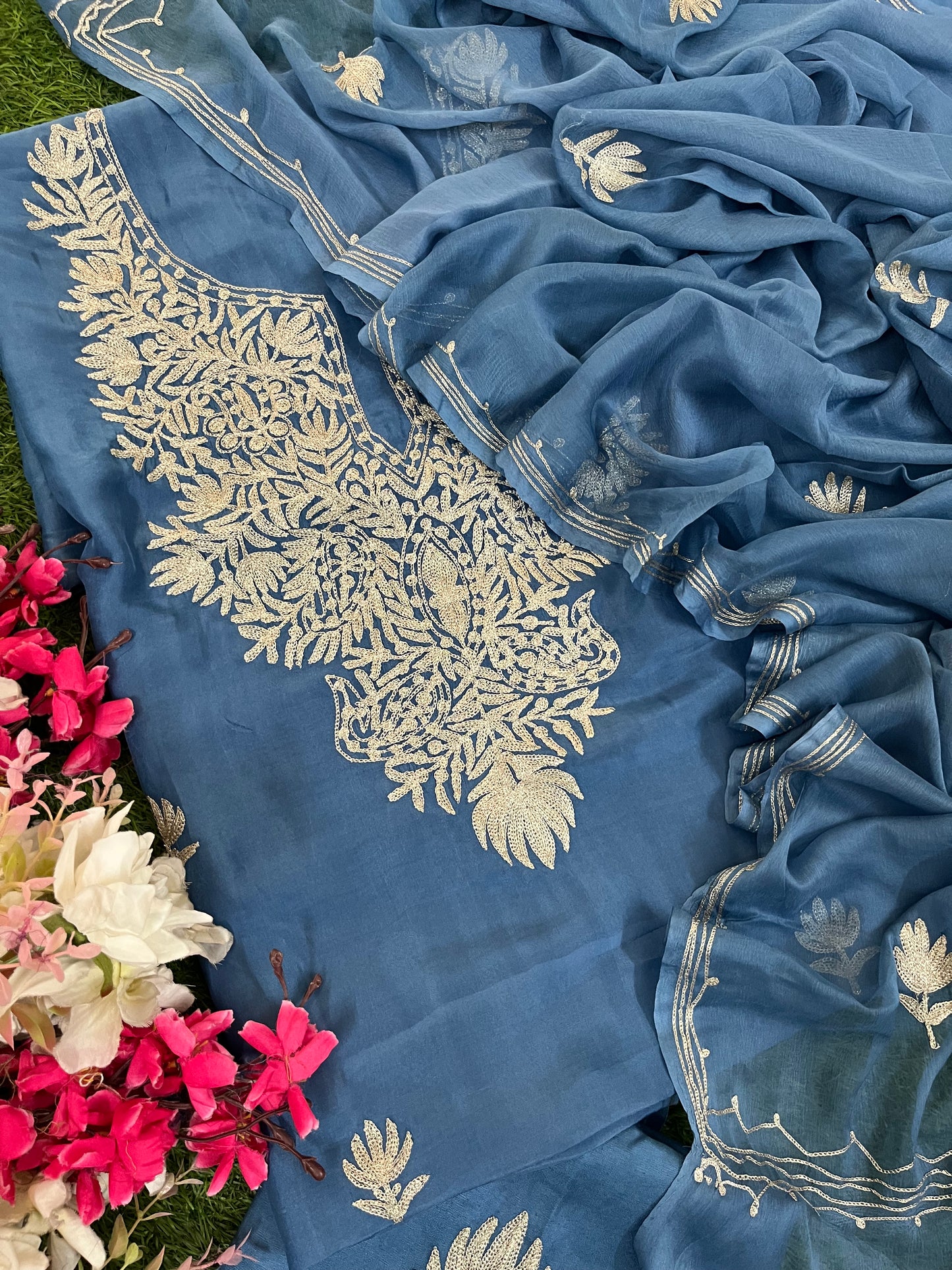Soft Blue Silk Tilla Kashmiri Suit