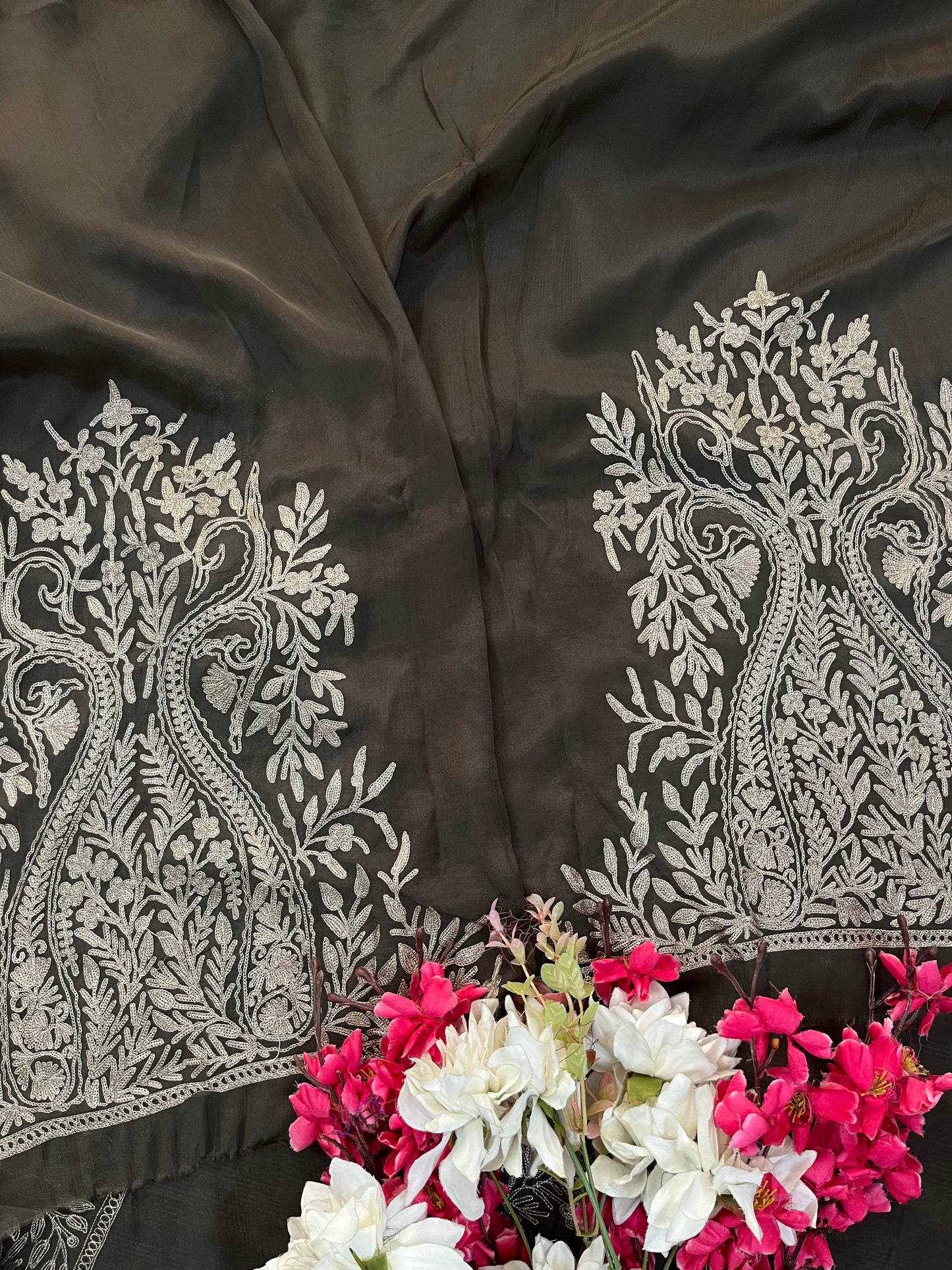 Luxury Pure Chinon Oxidised Tilla Embroidered Kashmiri Suit
