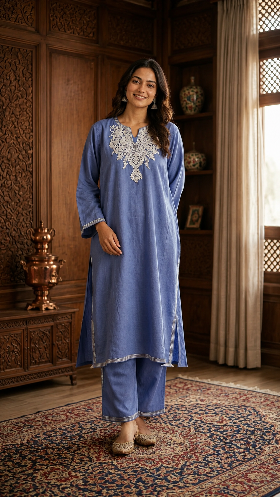 English Blue Cotton Kashmiri Pheran Set (46)