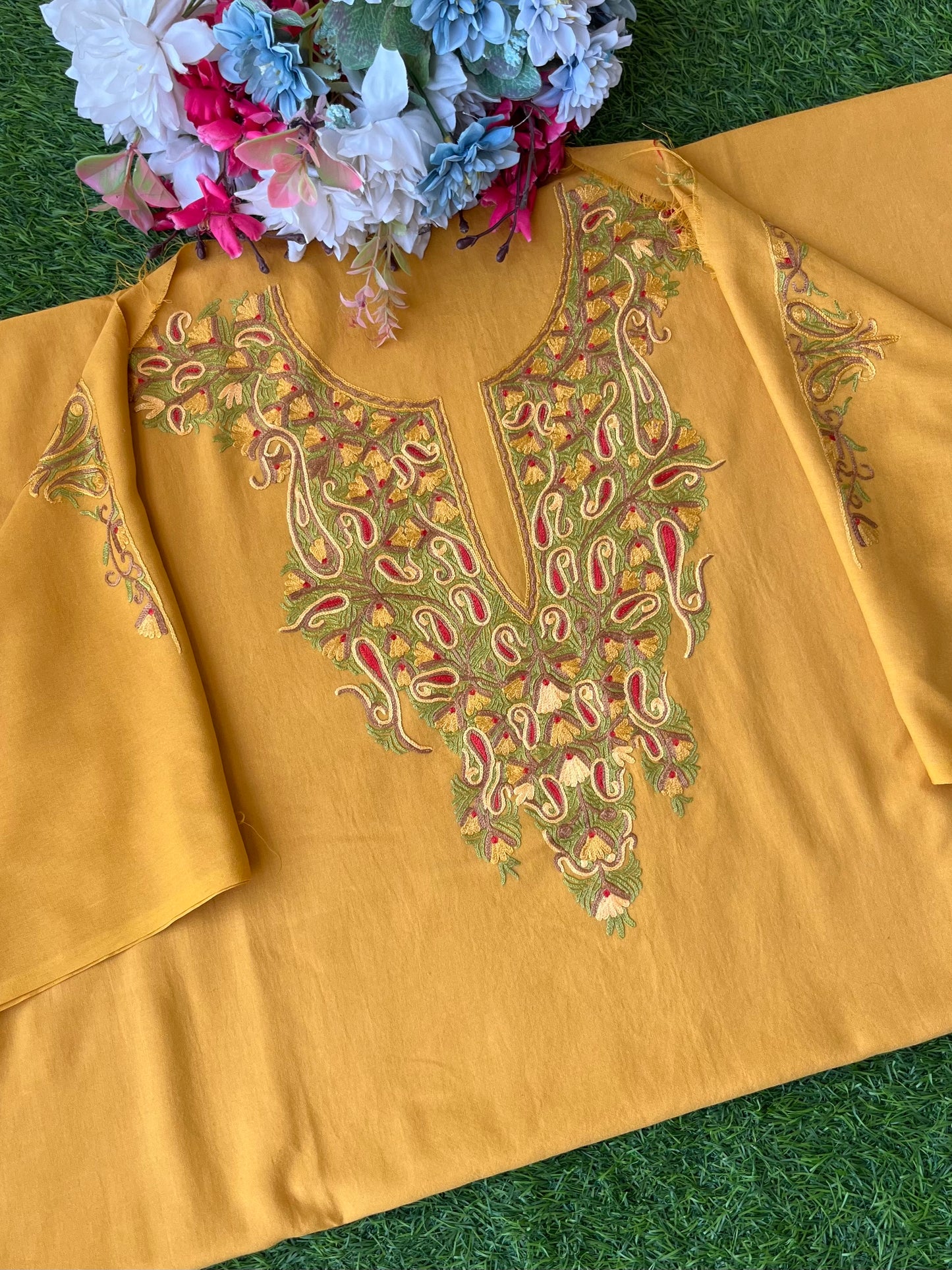 Mud Yellow Cotton Two Piece Suit (Hand Embroidered)