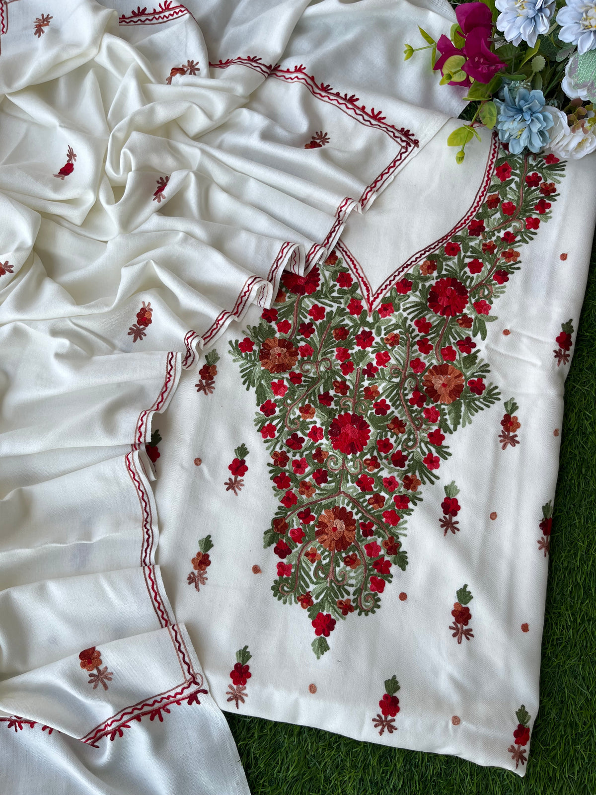 Off White Woollen Aari Embroidered 3pc suit
