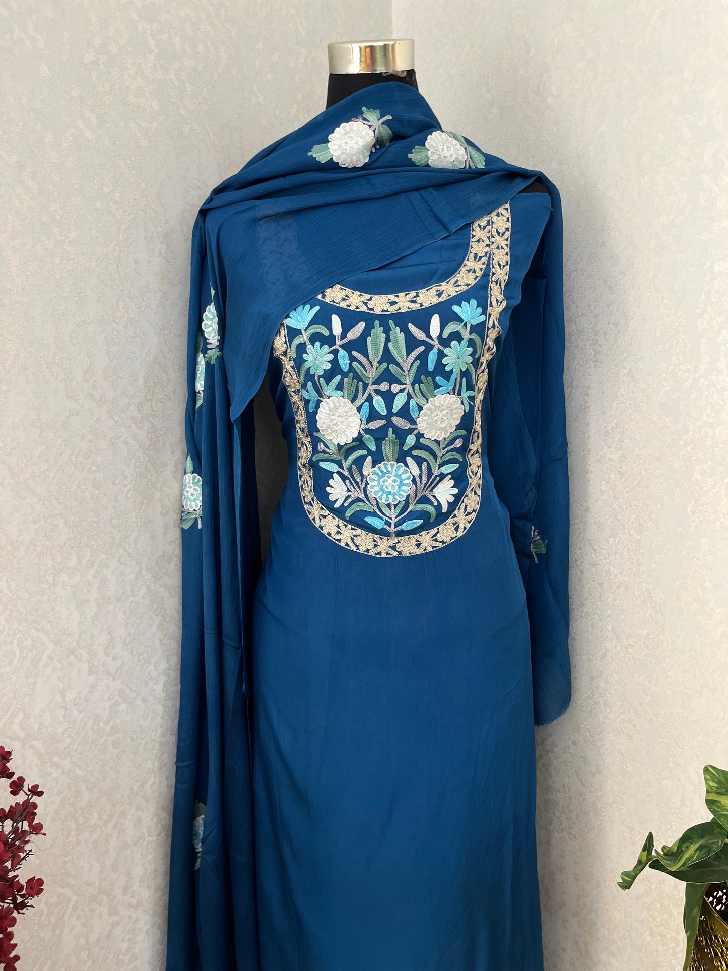 Cobalt Blue Kalaa’ Crape Kashmiri Suit