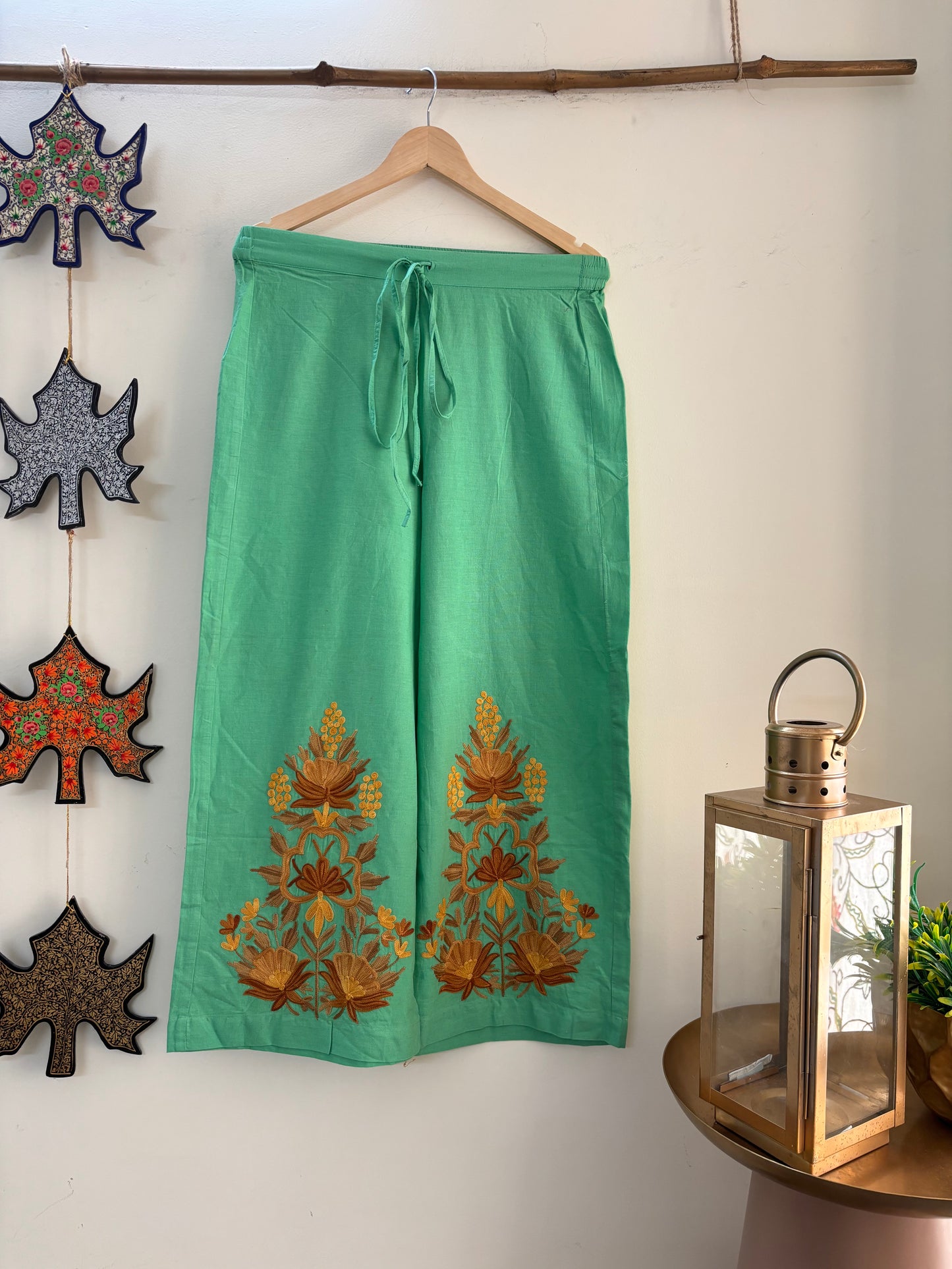 Women Green Solid Cropped Wide Leg Aari Embroidered Palazzos ‘M’
