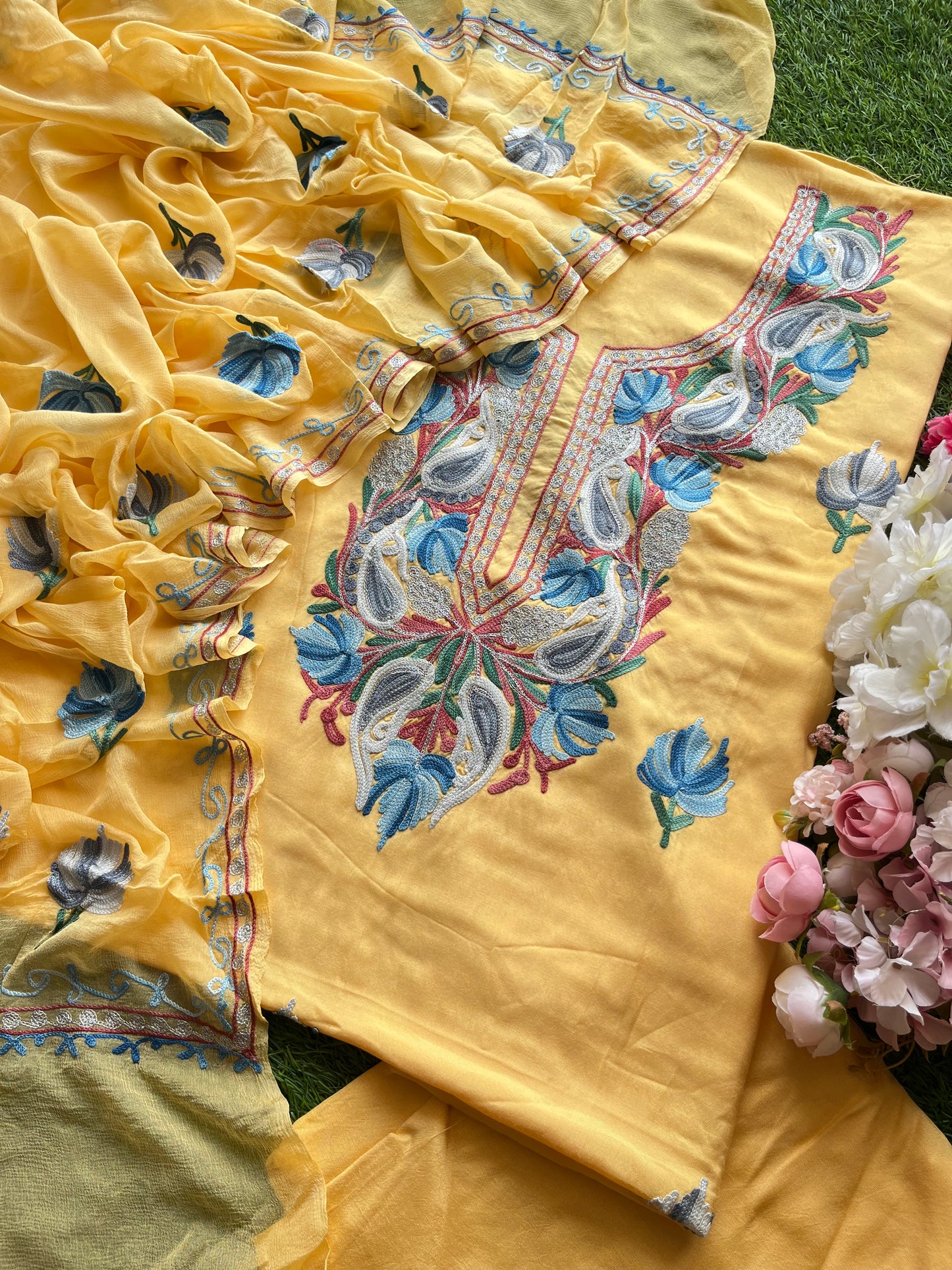 Golden Yellow Muslin Cotton Aari Embroidered 3pc set