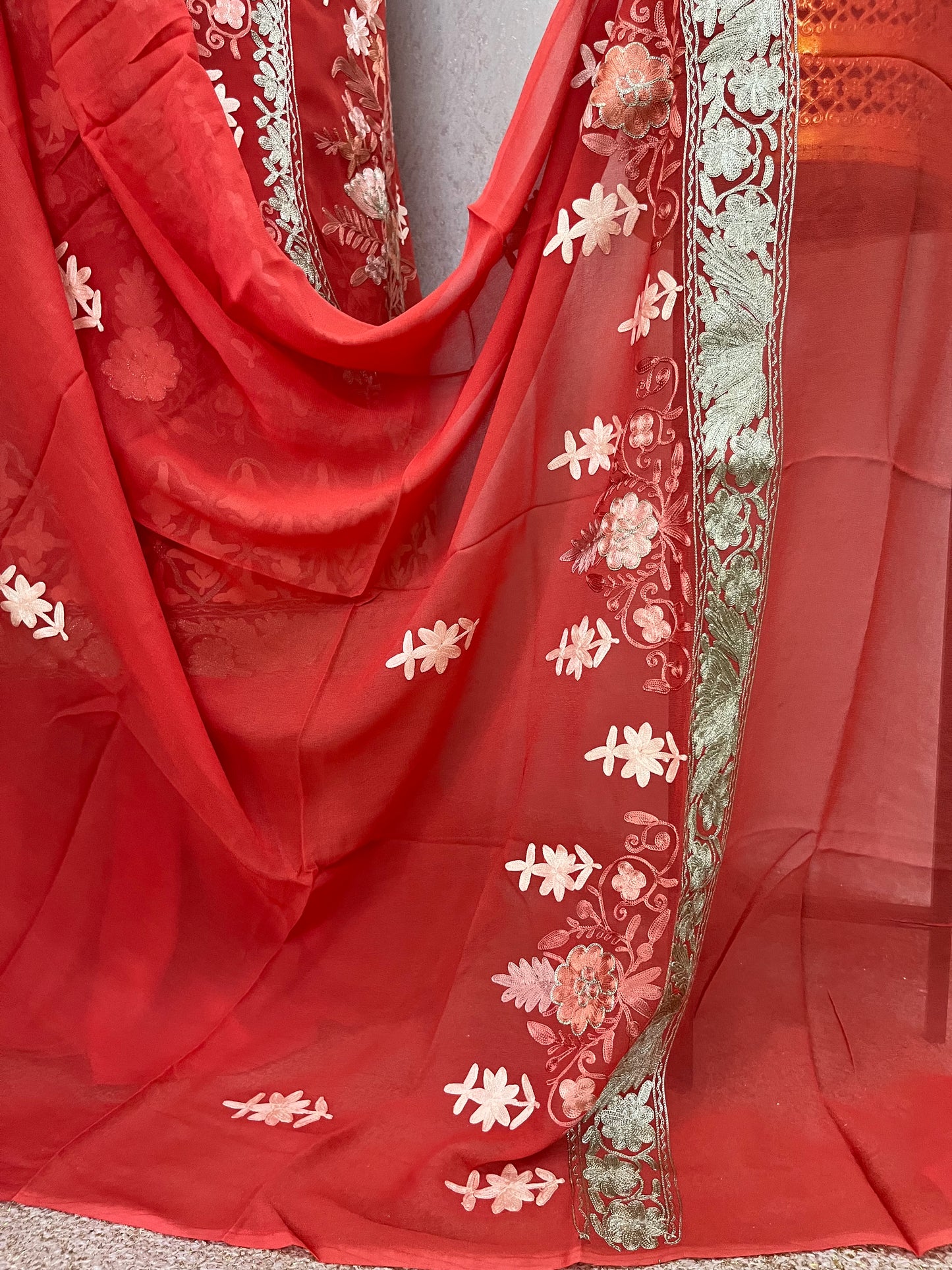 Soft Peach Pure Georgette 3 Pc Heavy Kashmiri Suit