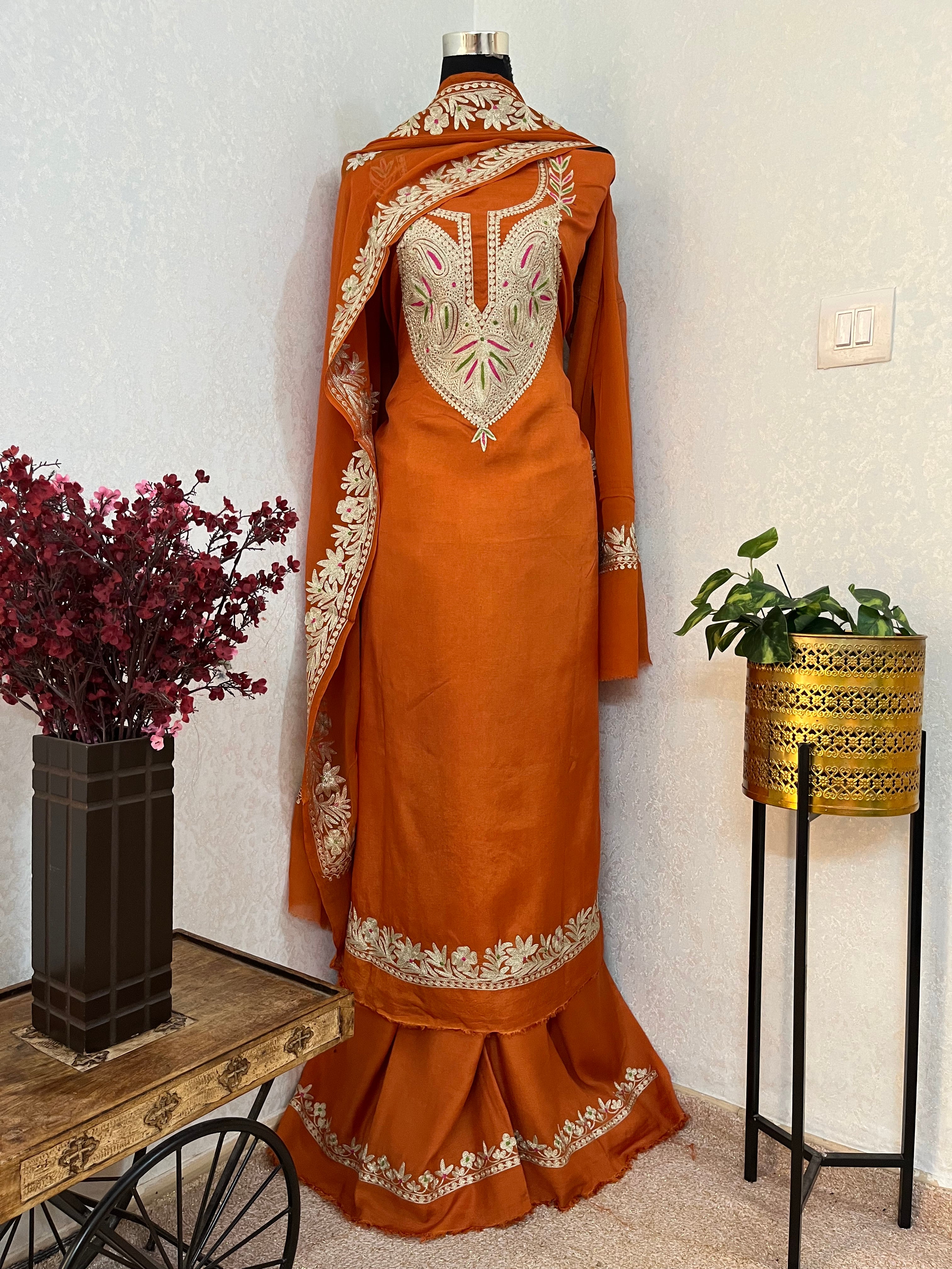 Dull Orange Opada Silk Kashmiri Suits – Saugaat Station