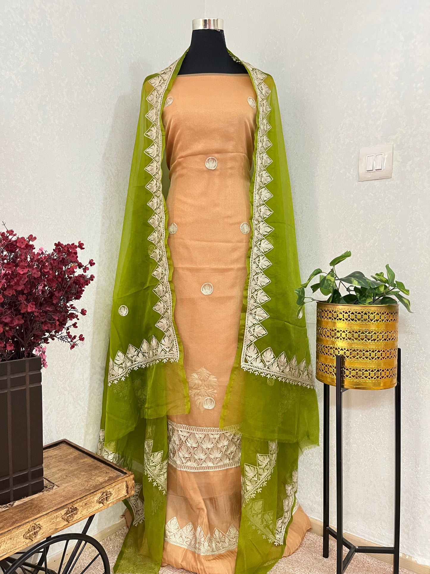 Golden Soft Tissue Kashmiri Suit