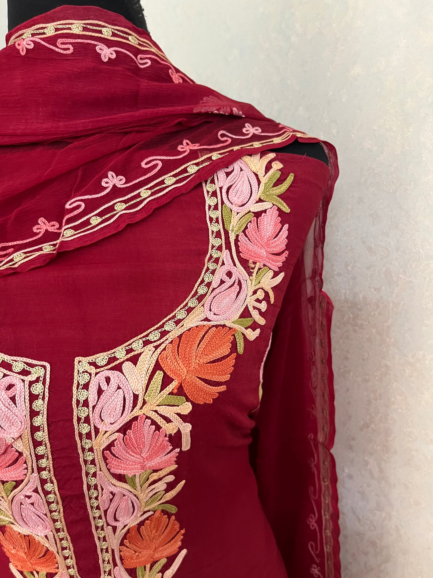 Maroon Muslin Cotton Jaal Sleeves Kashmiri 3pc Suit