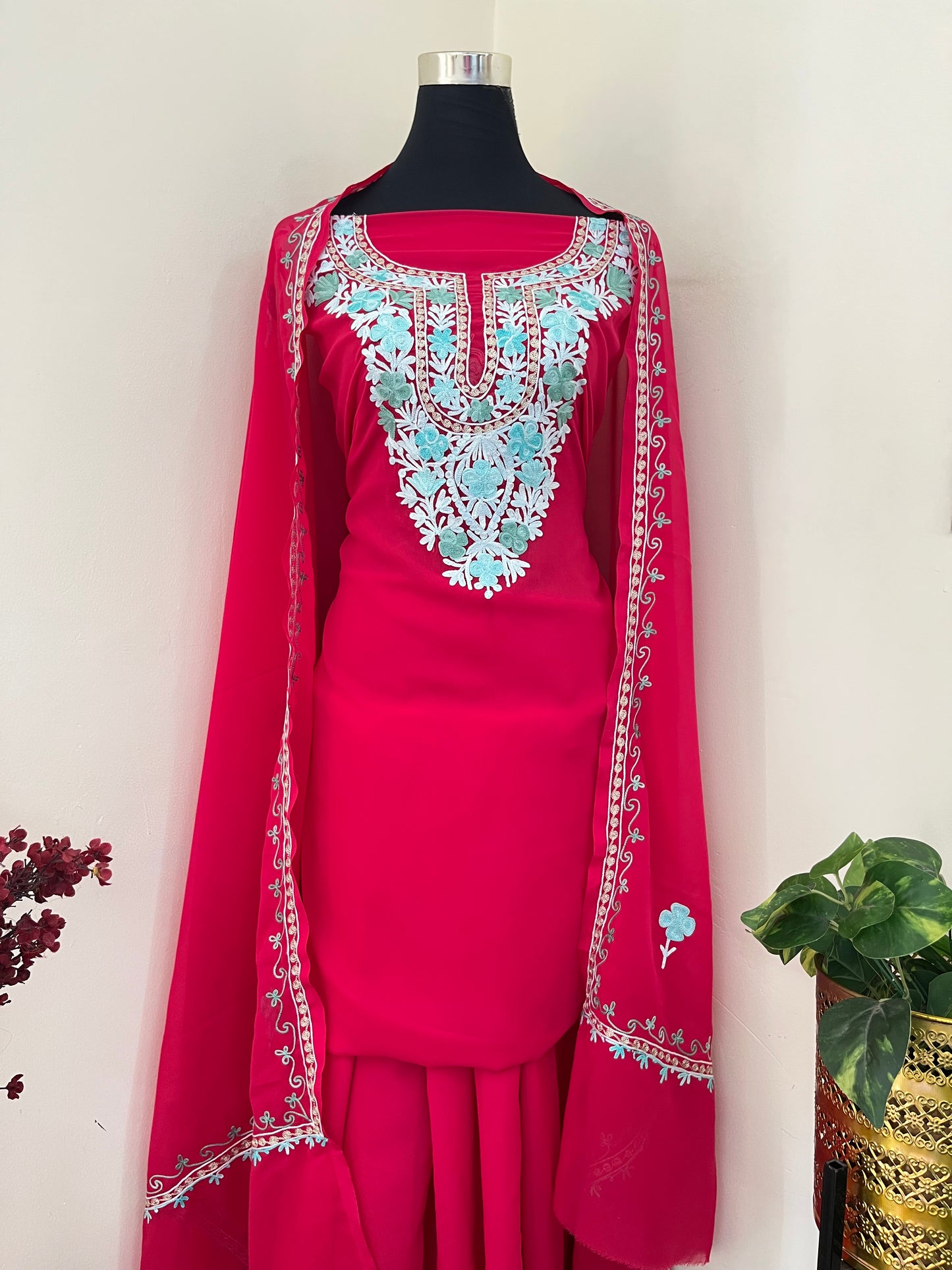 Candy Pink Georgette 3 Pc Aari Embroidered Suit Set