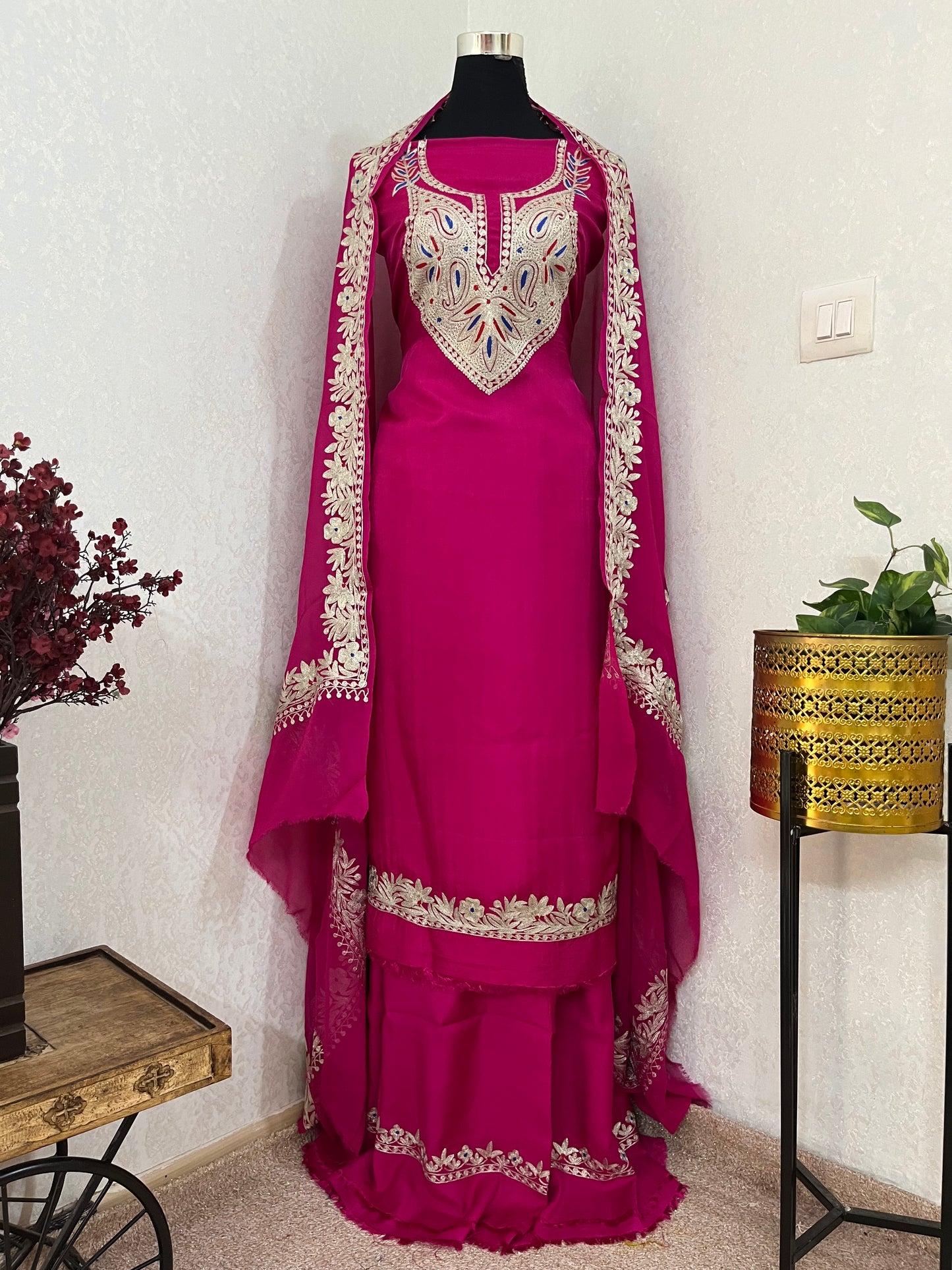 Hot Pink Opada Silk Kashmiri Suits