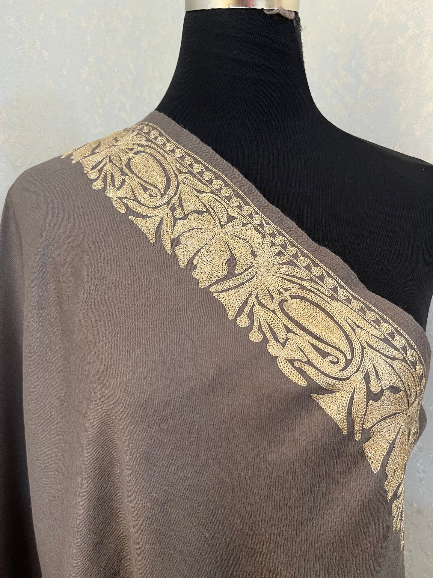 Grey Semi Pashmina Tilla Embroidered stole