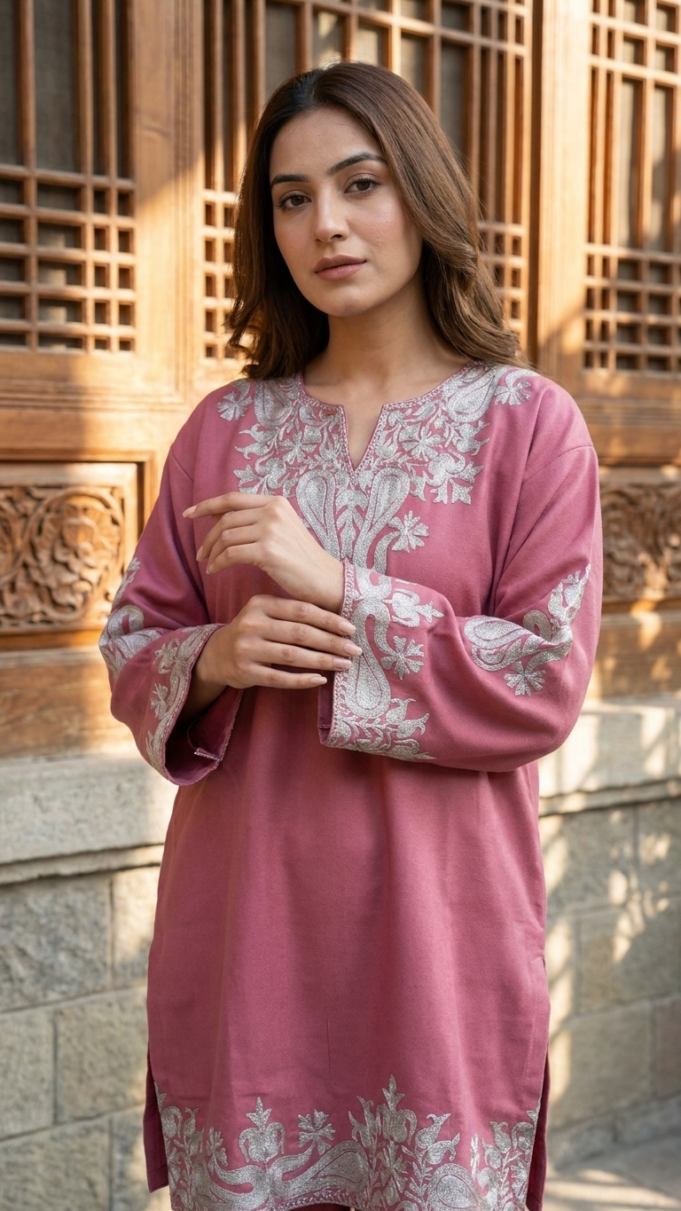 Pink Woollen Kashmiri Co-Ord Set ( Size 46)