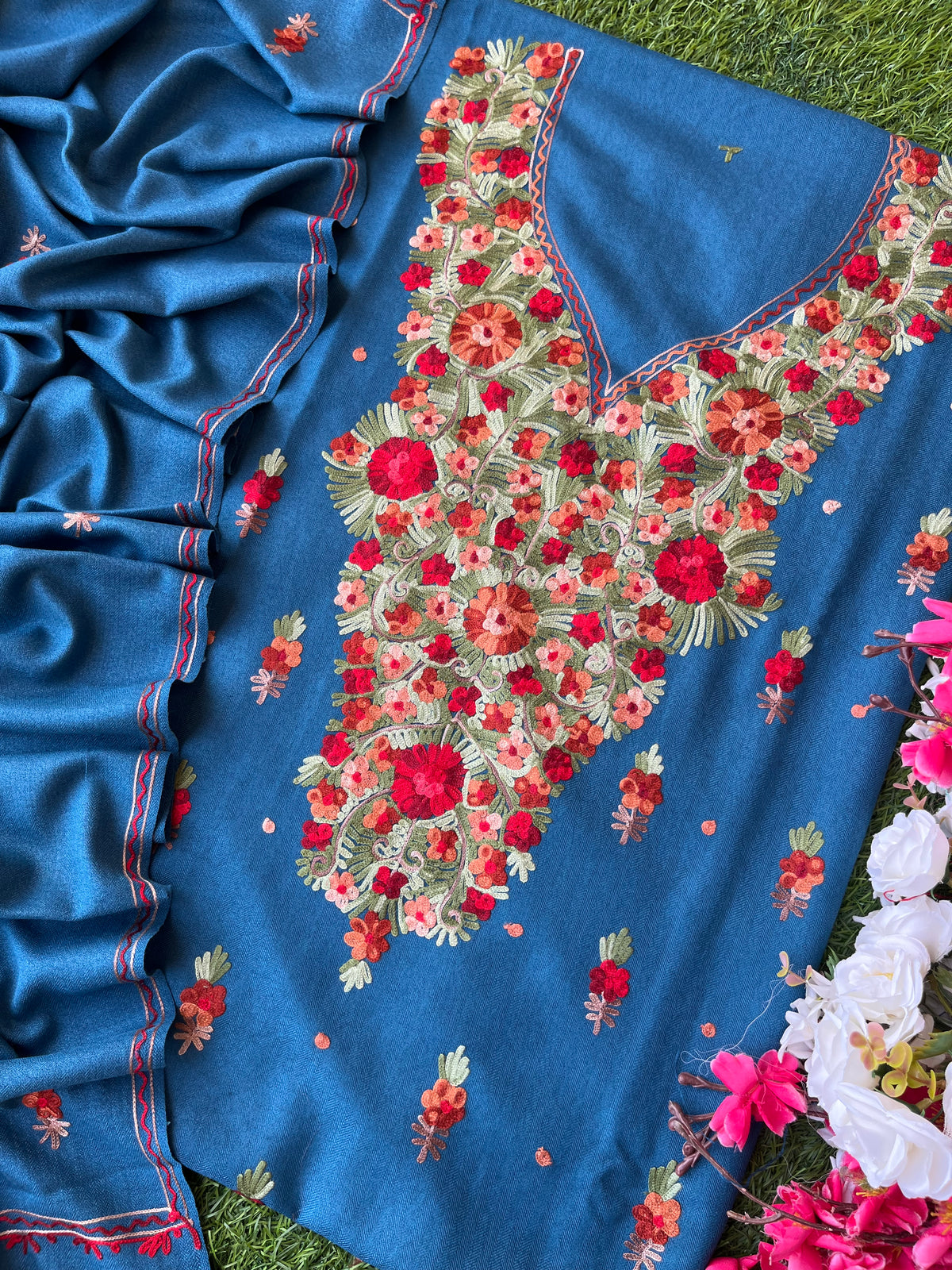 Peacock Blue Woollen Aari Embroidered 3pc suit