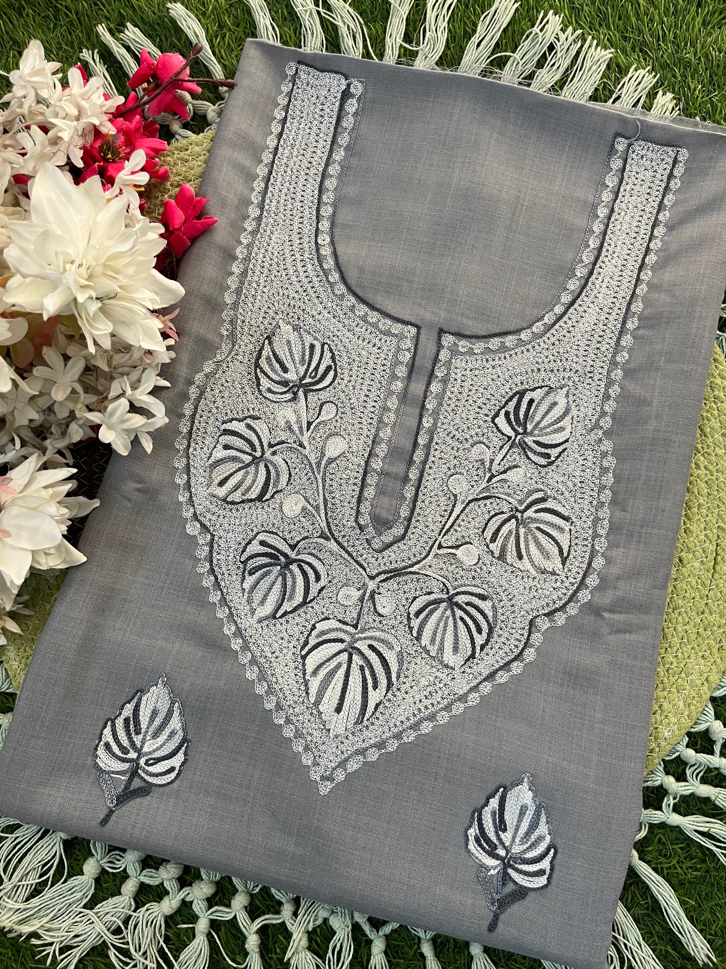 Grey Cotton Unstitched Aari Work Kurti