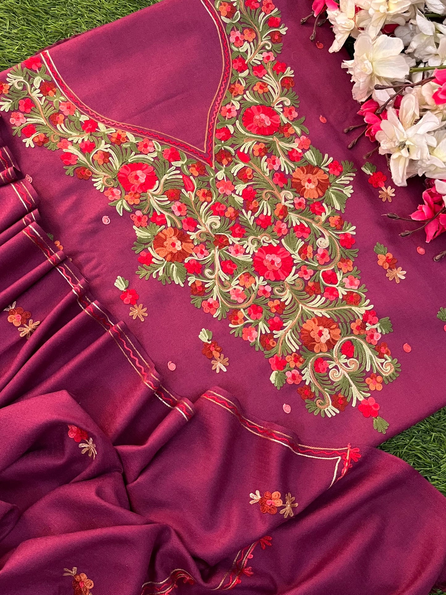 Wine Woollen Aari Embroidered 3pc suit