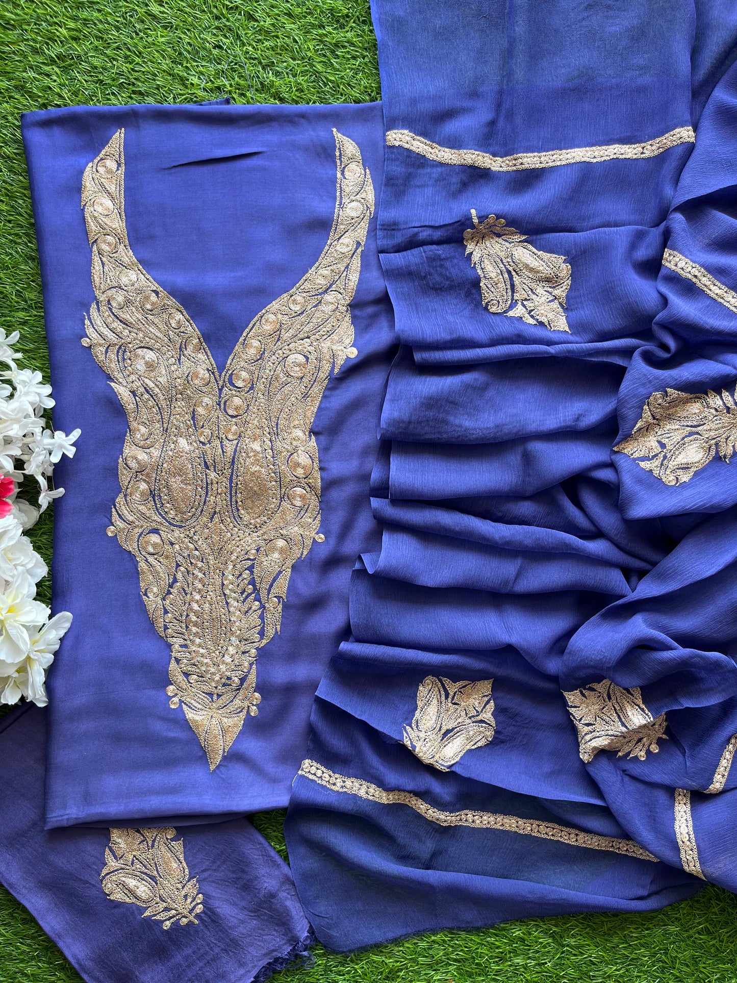 ‘Kalaa’ Blue Muslin Silk Tilla Embroidered Suit material