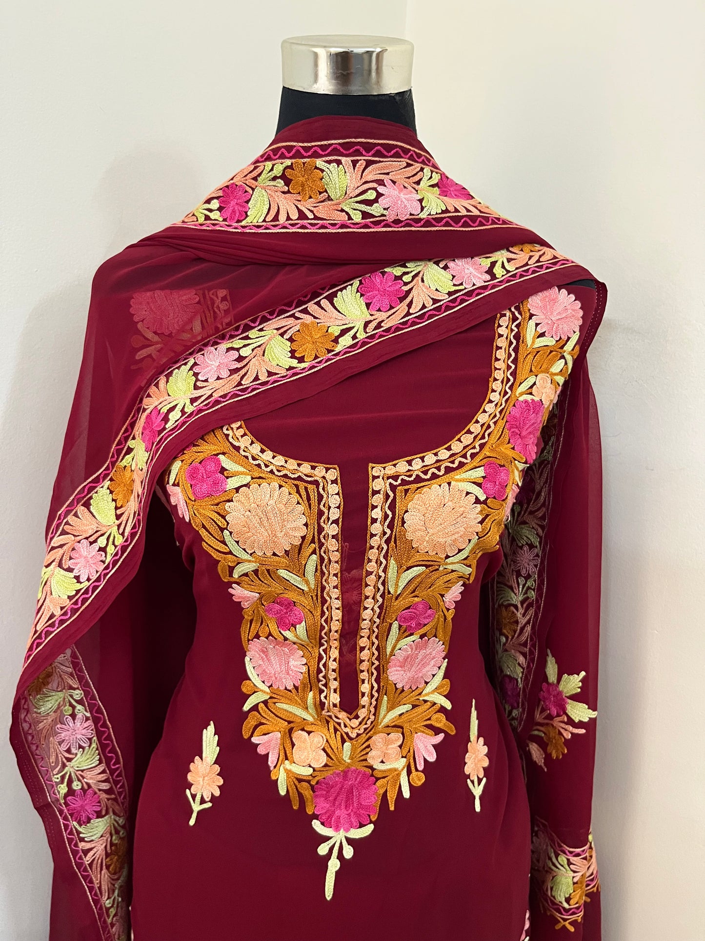 Maroon Georgette 3 Pc Aari Embroidered Suit Set