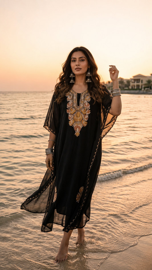 Black Pure Georgette Shibori Kaftan Size (48)