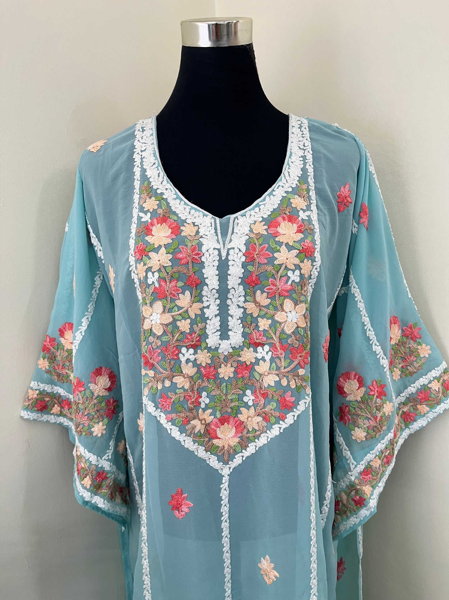 Soft Blue Georgette All over Work Aari Embroidered Unstitched Kurta