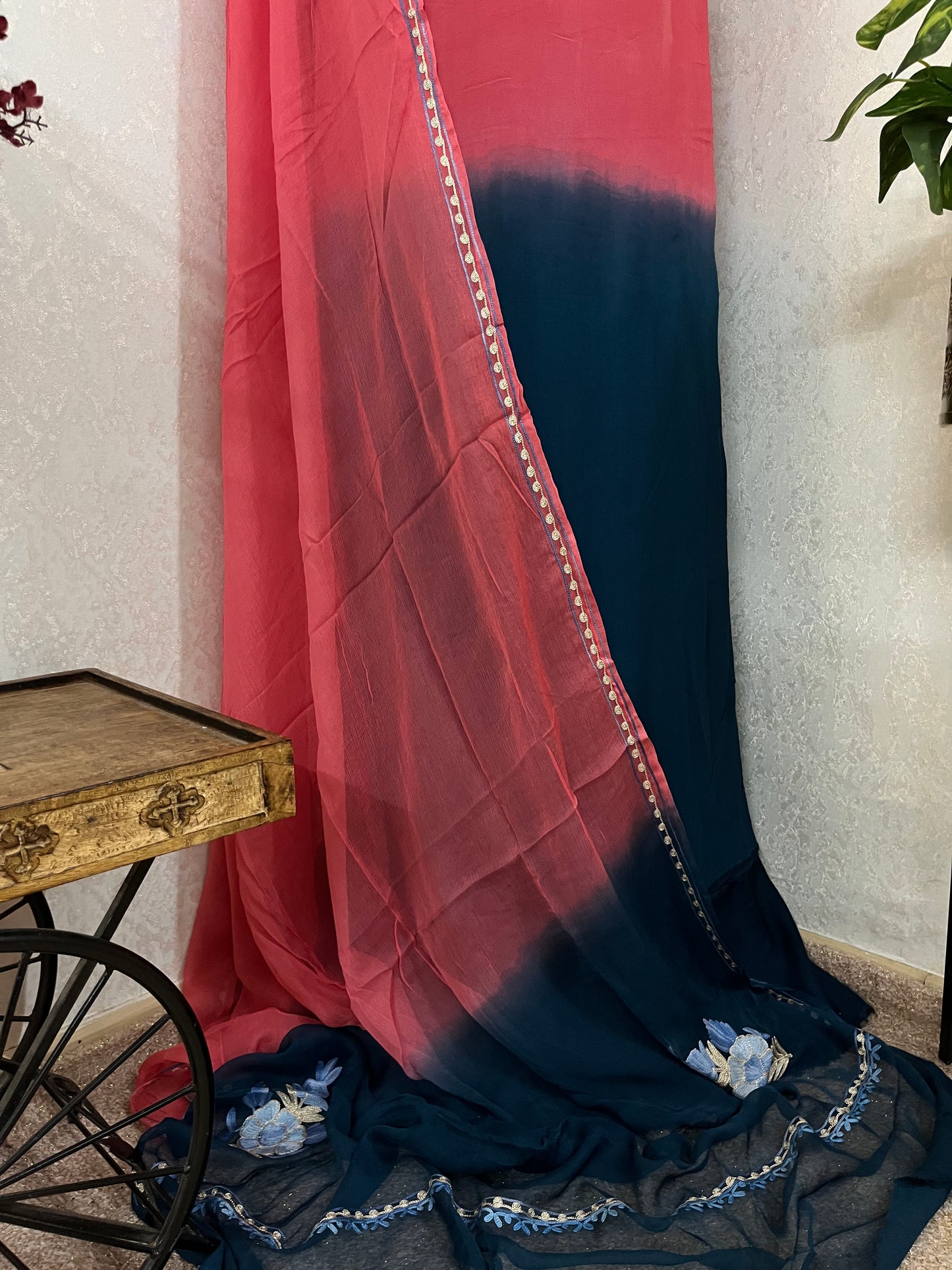 Carrot Pink Pure Georgette Double Shade Kashmiri Suit