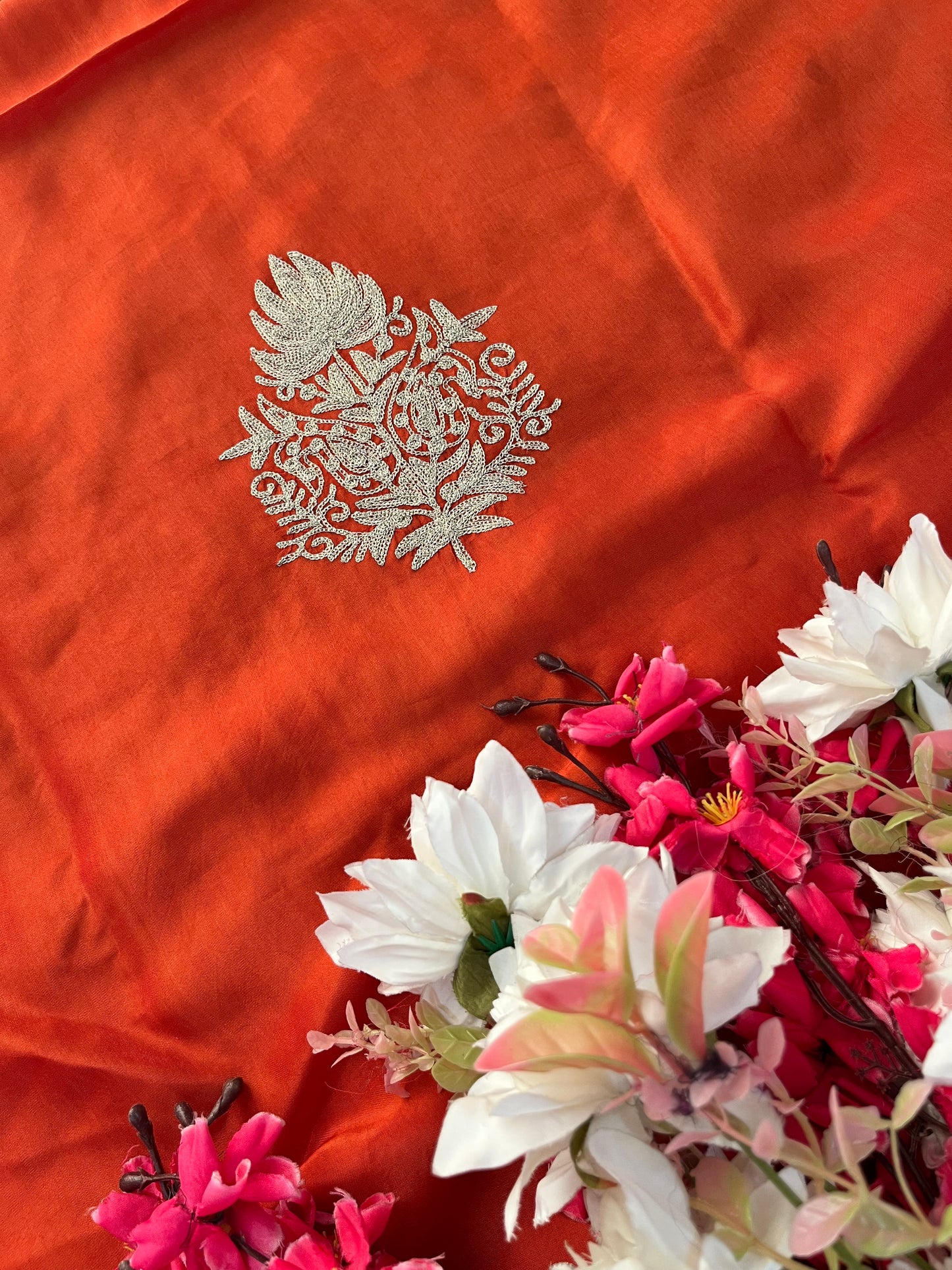 Rust Orange Silk Tilla Kashmiri Suit