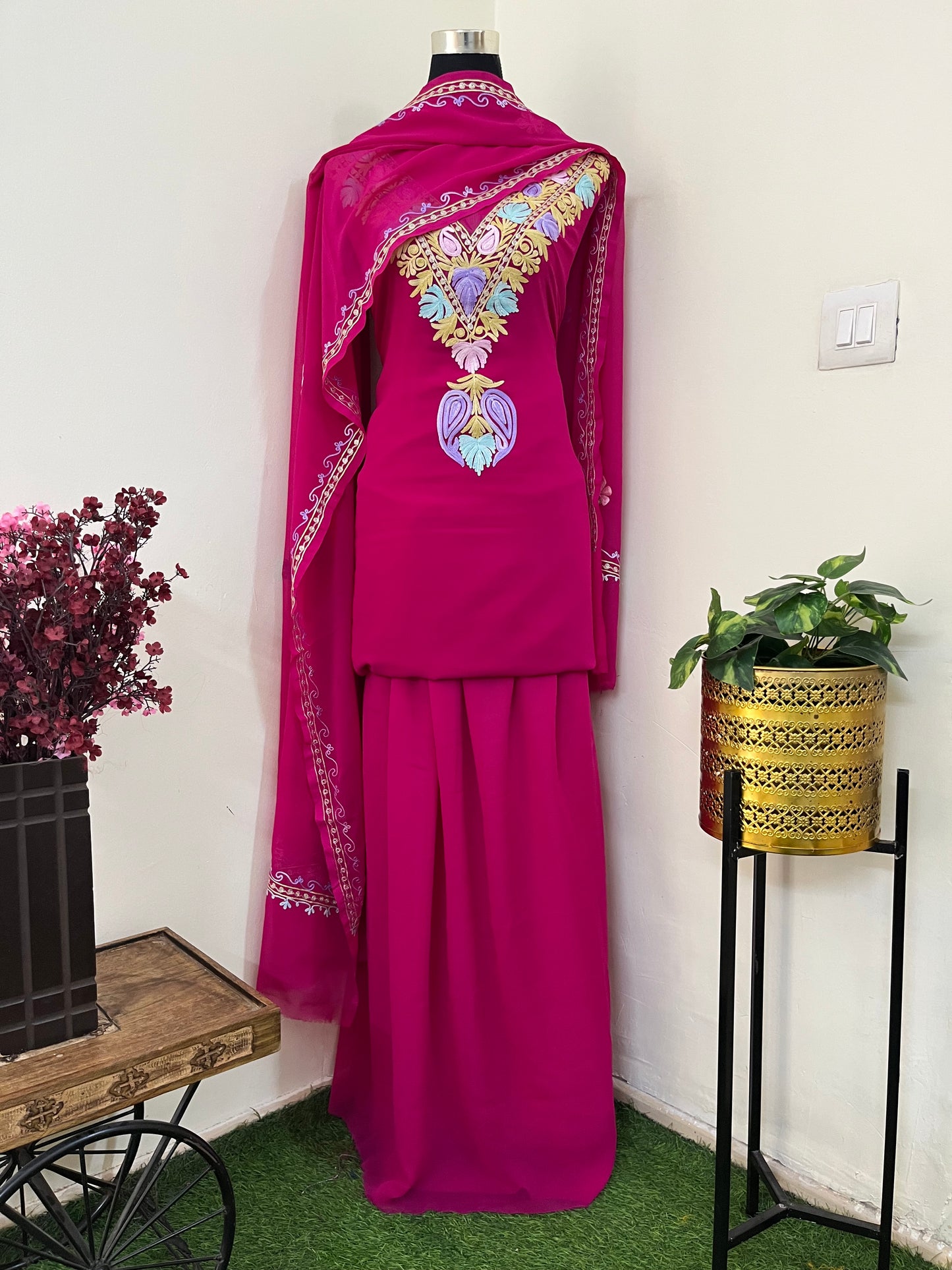 Hot Pink Georgette 3 Pc Aari Embroidered Suit Set