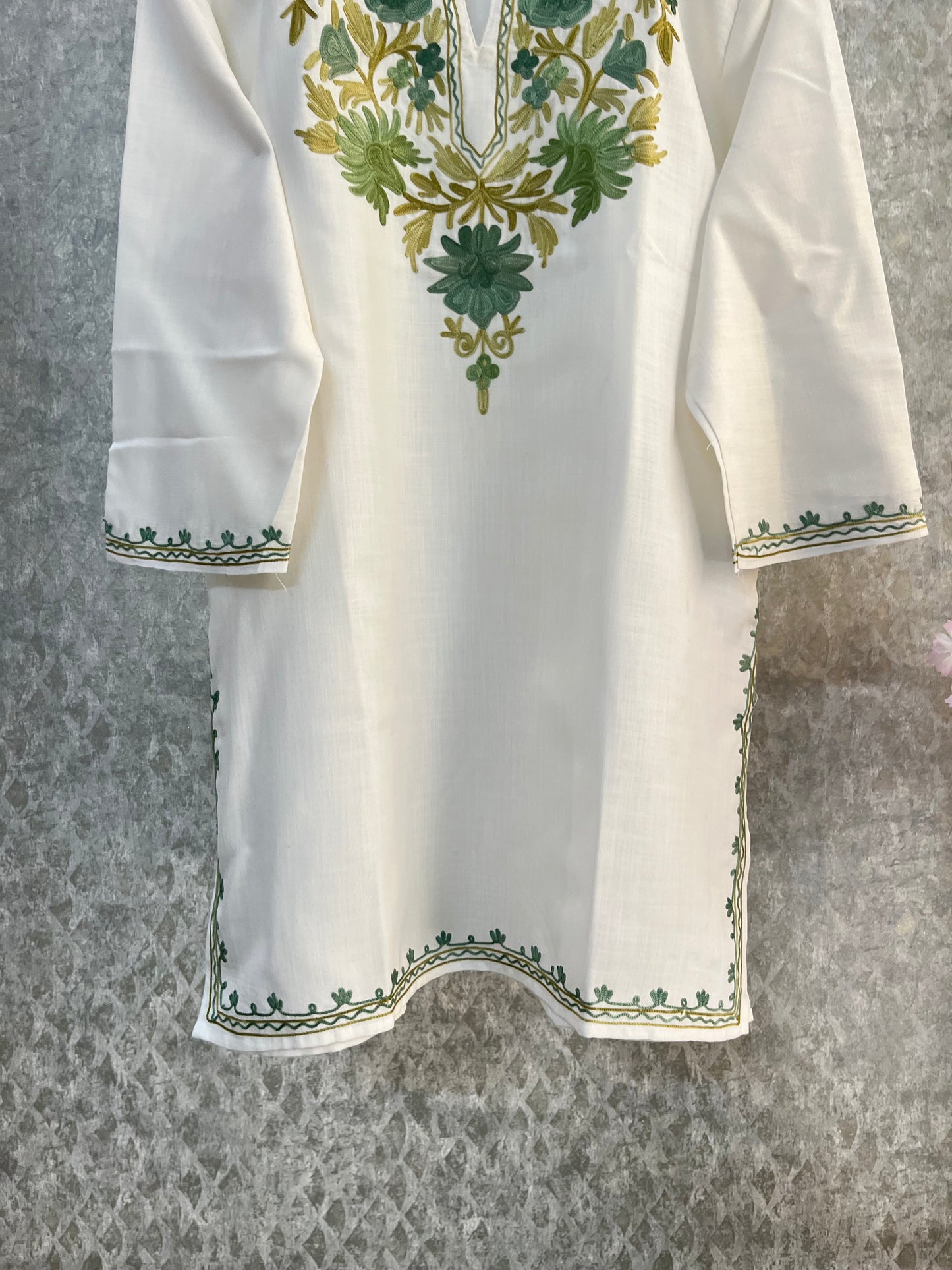 Off White Cotton Aari Work Kurti