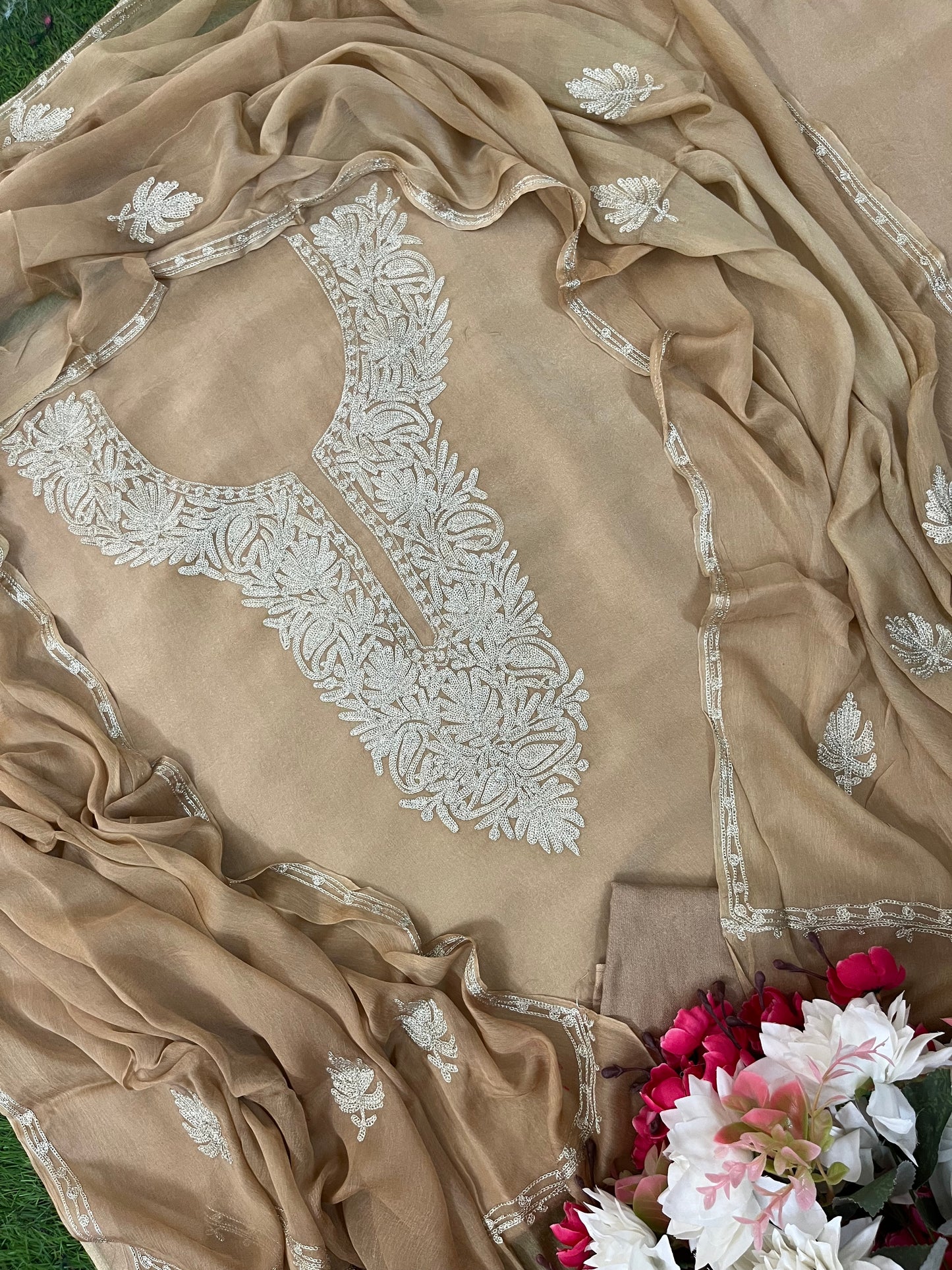 Sanam’ Golden Beige Silk Tilla Kashmiri Suit