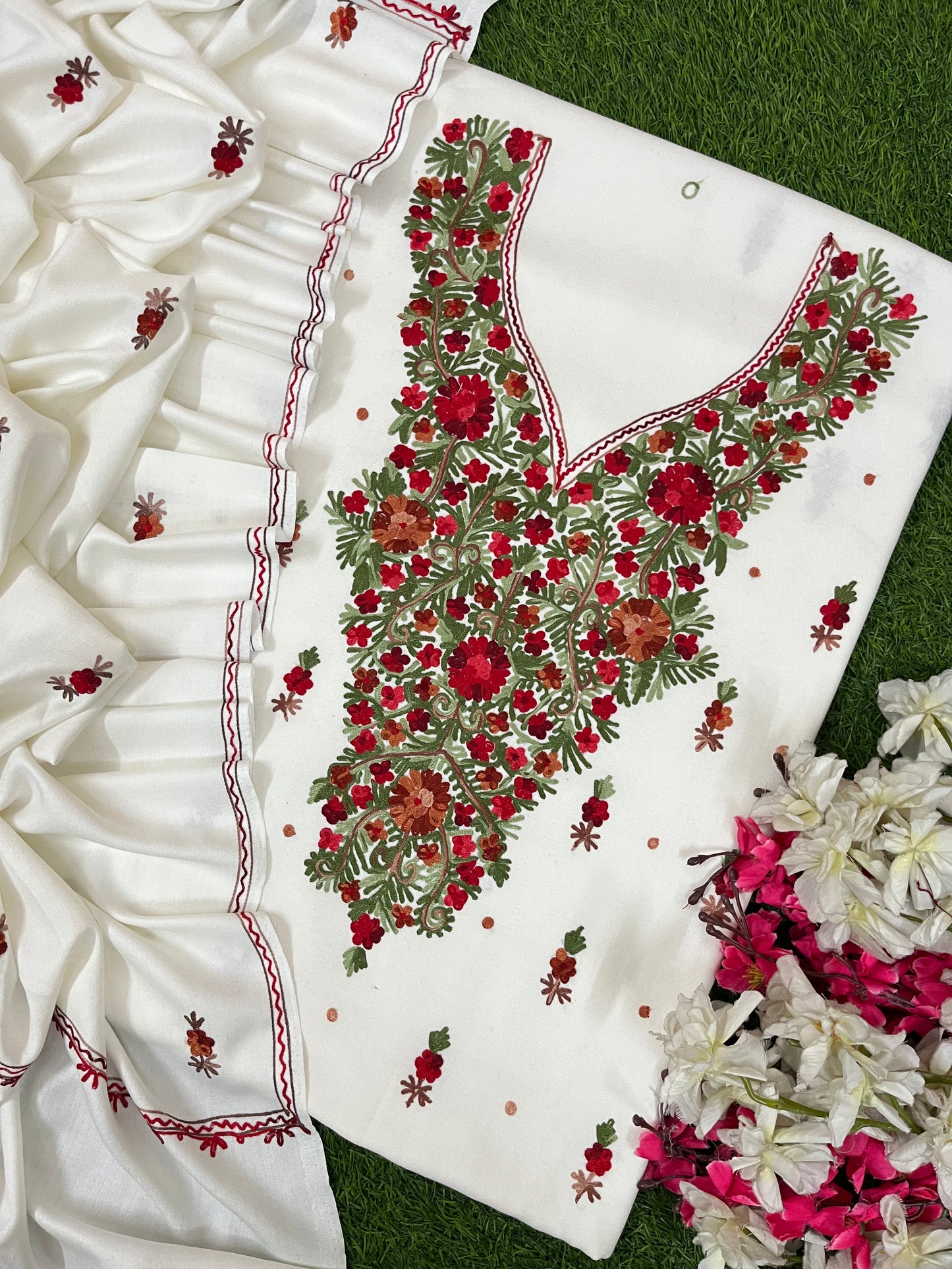 Off White Woollen Aari Embroidered 3pc suit