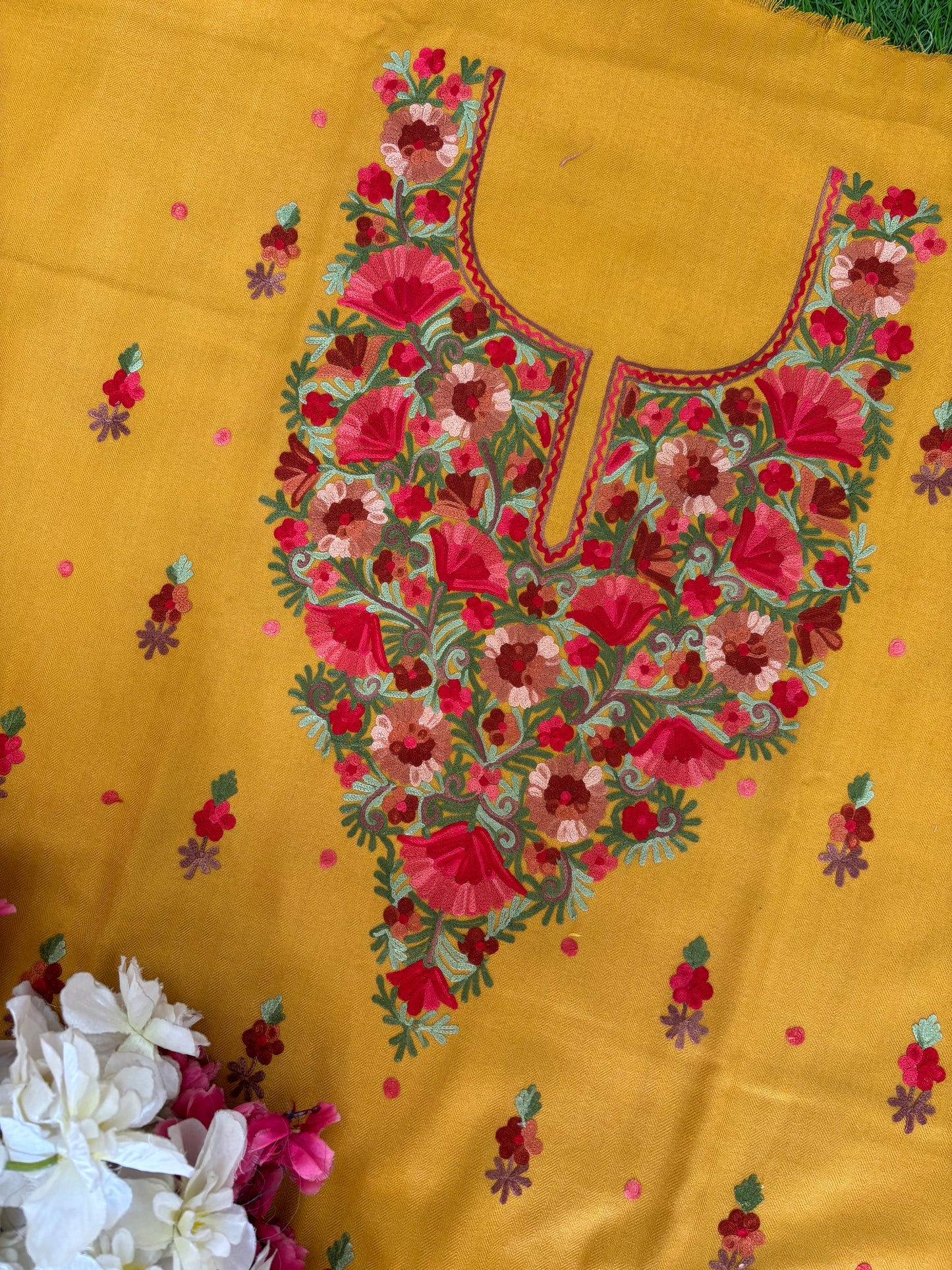 Golden Yellow Woollen Aari Embroidered 3pc suit