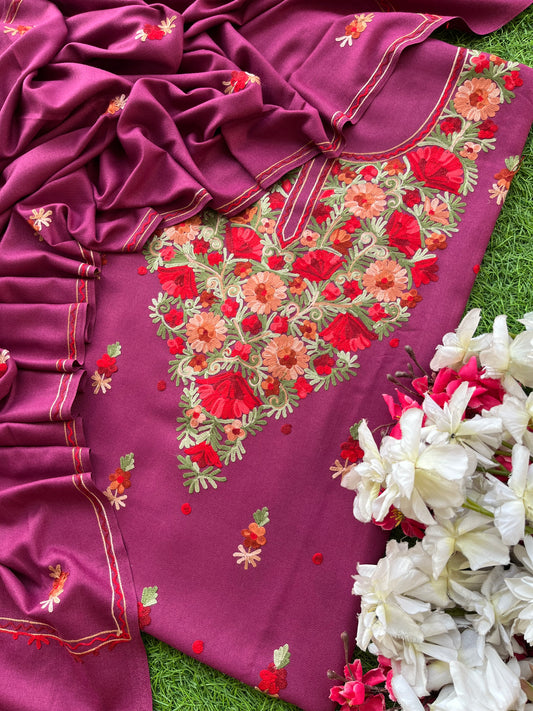 Wine Woollen Aari Embroidered 3pc suit