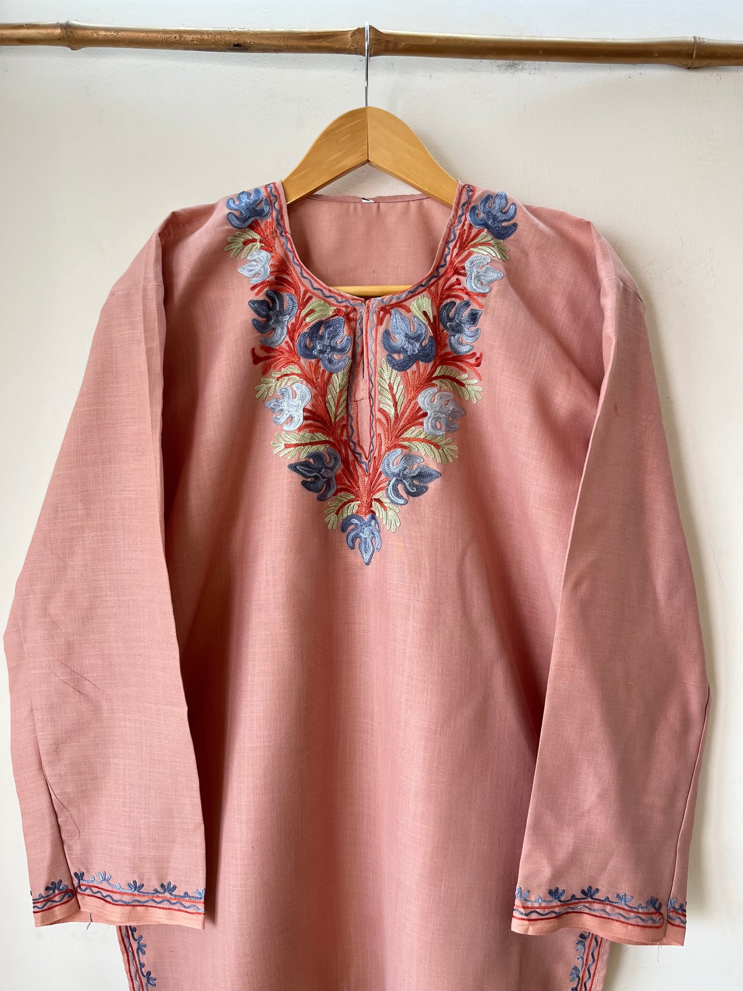 Soft Pink Cotton Aari Work Kurta