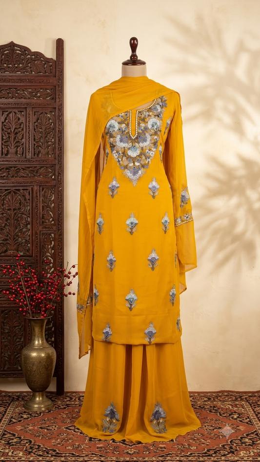 Mustard Yellow Georgette 3Pc Kashmiri Suit