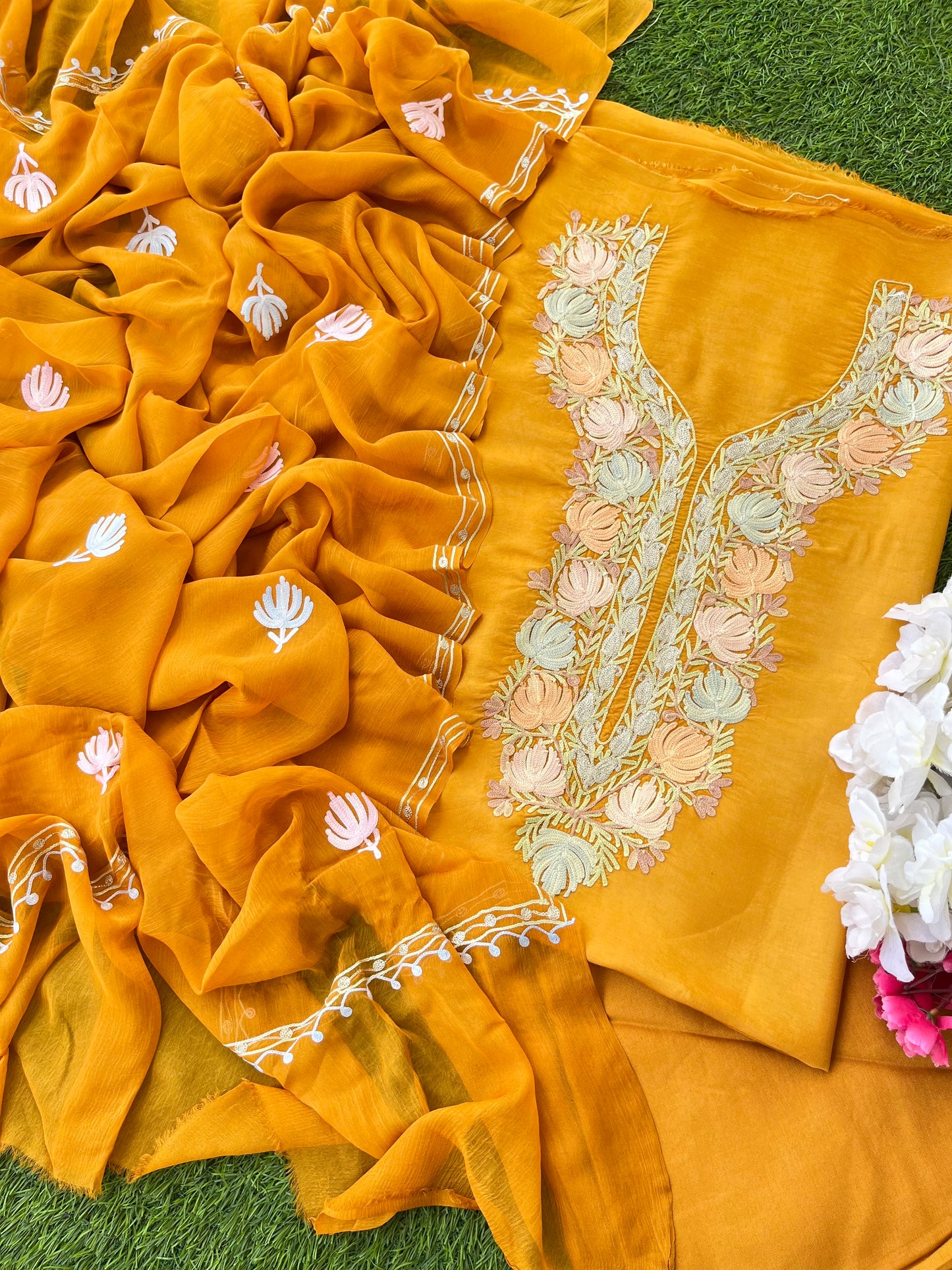 Mustard Opada Silk Aari Embroidered Suit material