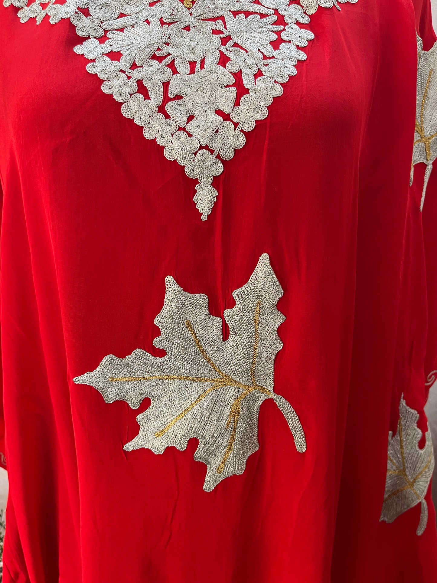 Red Crape Kashmiri Kaftan Set